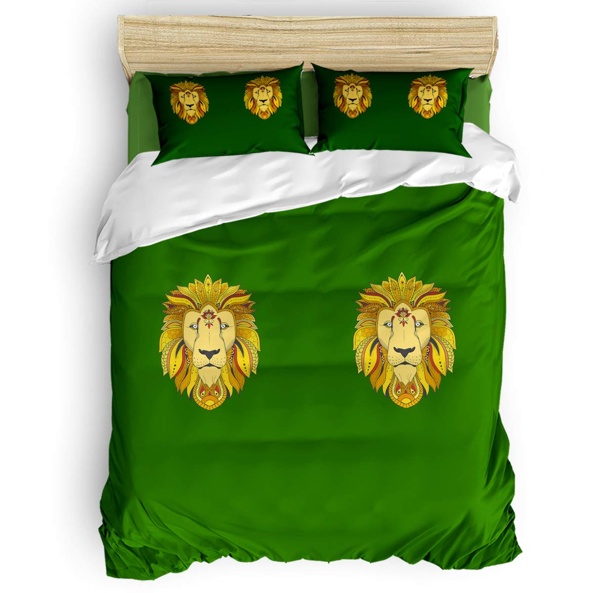 King Size Cute Lion Head Duvet Cover Set for Kids - Green Hand-Painted Design, Includes 1 Comforter Cover, 1 Flat Sheet & 2 Pillowcases | Perfect for Boys & Girls Bedroom Decor, Nursery or Guest Room