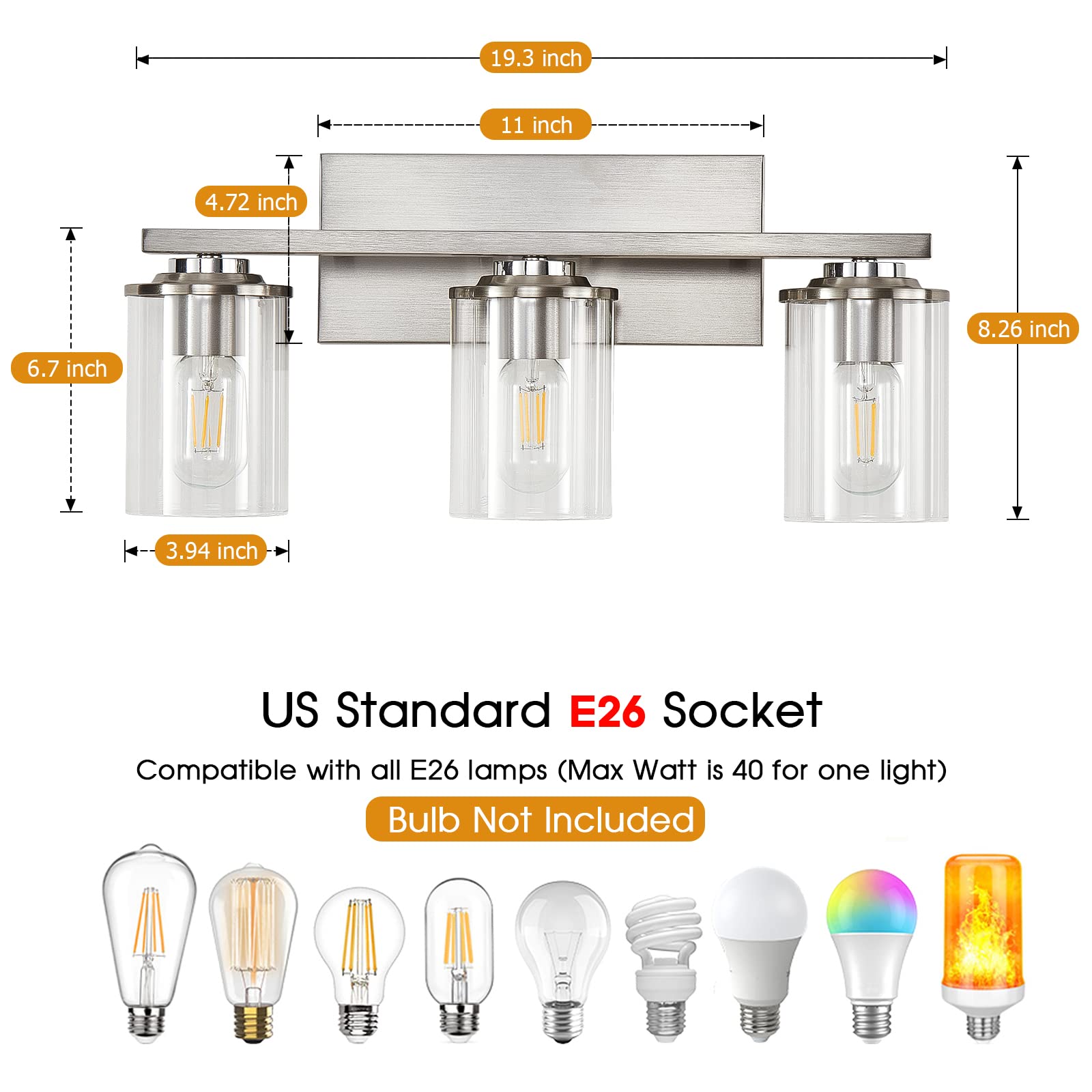 3-Light Brushed Nickel Bathroom Vanity Light Fixture with Clear Glass Shade & E26 Base - Modern Mirror Lighting for Bathroom, Powder Room & Dressing Area - Perfect for Makeup, Shaving & Home Decor