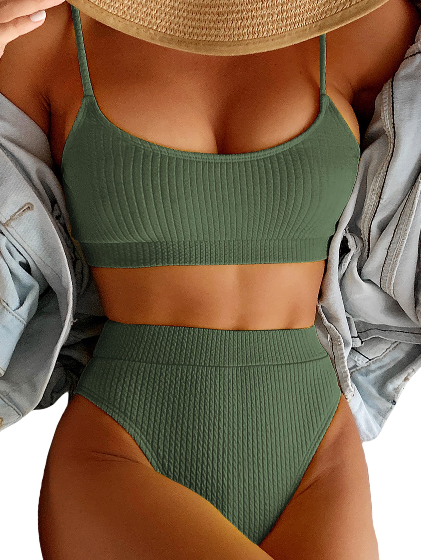 Women's High Waisted Bikini Set - Ribbed 2 Piece Swimsuit in Army Green for Beach & Pool