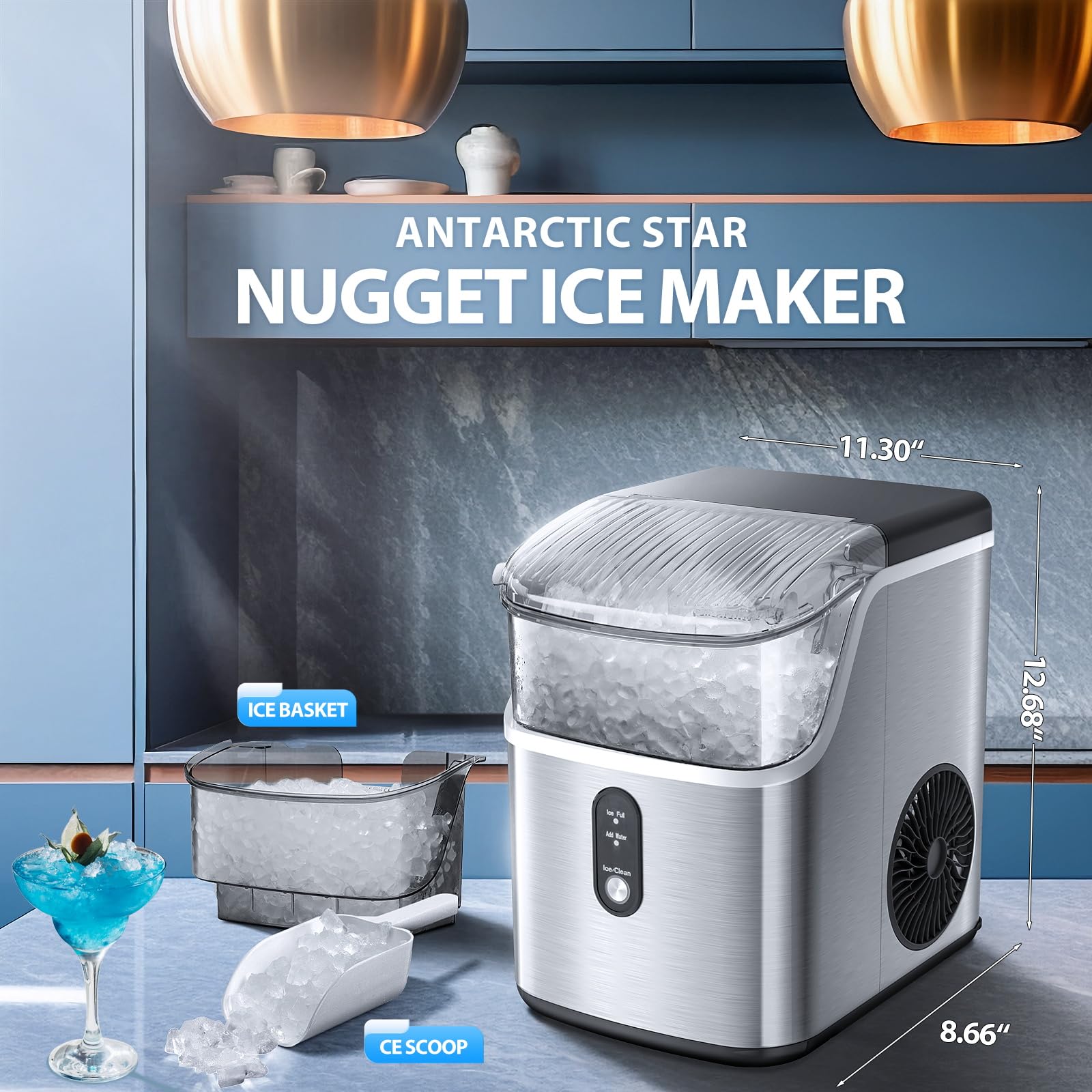 Portable Countertop Ice Maker with Soft Chewable Pellet Ice - 34Lbs/24H, Self-Cleaning, One-Touch Operation - Stainless Steel Sonic Ice Machine for Kitchen, Office, Bar, RV & Outdoor Entertaining
