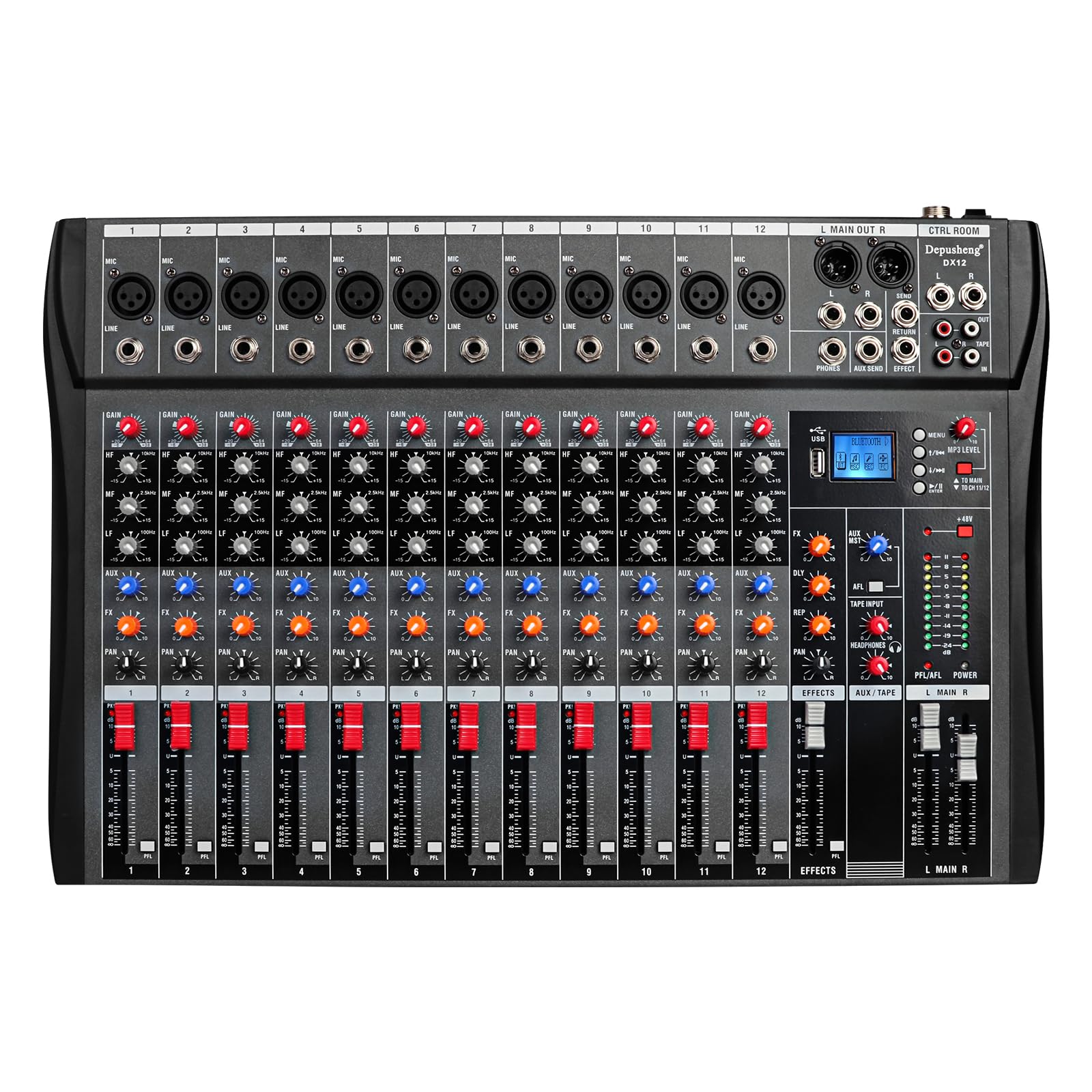 Depensheng DX12 12-Channel DJ Audio Mixer with USB Interface, XLR Mic Input, 48V Phantom Power & RCA I/O - Professional Studio Sound Controller for Computer Recording, Live Performances & Home Music Production