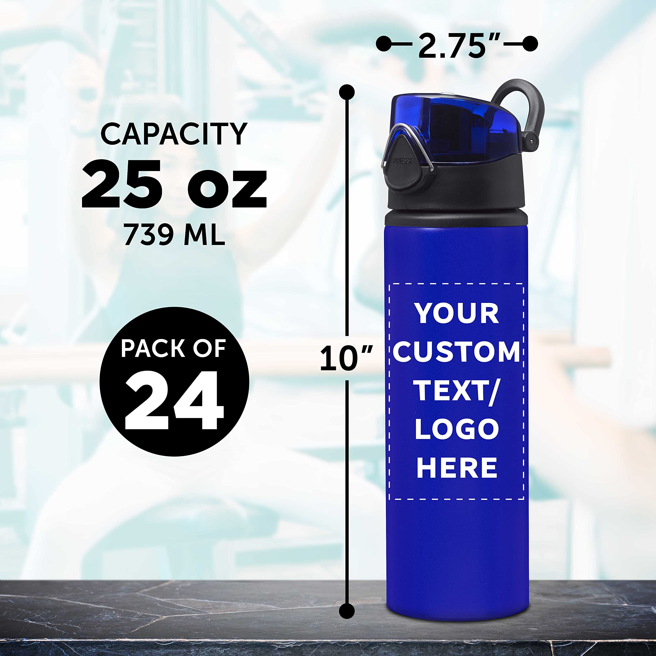 Custom 25 oz Aluminum Water Bottles with Carabiner - Bulk Pack of 24 Personalized Refillable Bottles for Gym, Hiking, Cycling & School - Eco-Friendly Reusable Drinkware for Sports, Outdoor Adventures & Daily Hydration - Blue