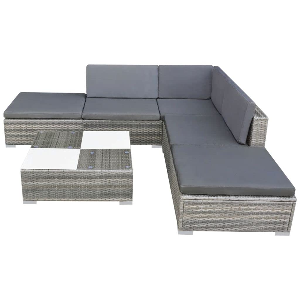 **6-Piece Gray PE Rattan Patio Furniture Sectional Set with Cushions - Outdoor Wicker Sofa & Conversation Set for Garden, Lawn, or Backyard Relaxation**