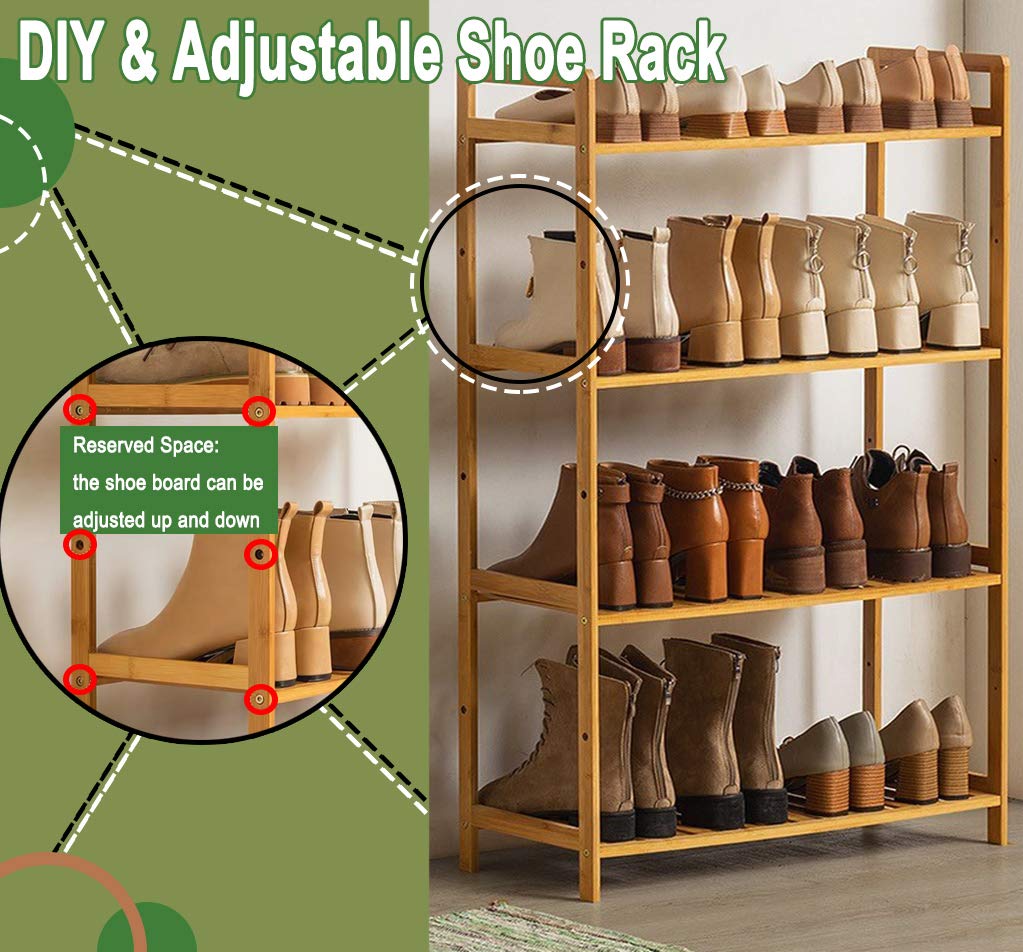 4-Tier Adjustable Wooden & Bamboo Shoe Rack Organizer - Space Saving Entryway Storage for Boots, Sneakers & High Heels - Perfect for Bedroom, Closet & Mudroom Organization