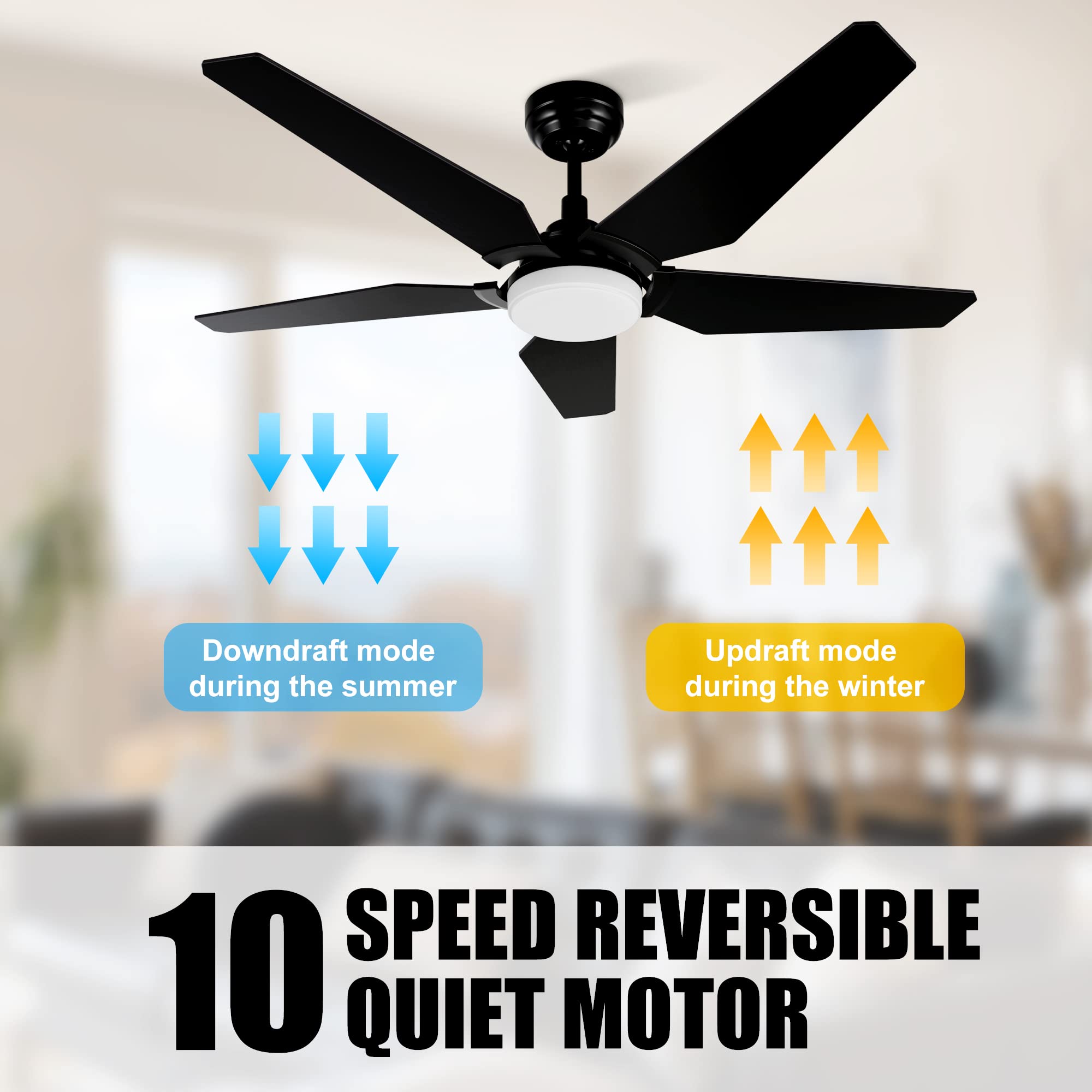 SMAAIR 52 Inch Smart Ceiling Fan with Light - 5 Blade Low Profile Flush Mount Fan, 10 Speed DC Motor & Dimmable LED - APP/Alexa/Google Assistant/Siri Shortcuts Compatible - Perfect for Bedroom, Living Room, Office (Black)