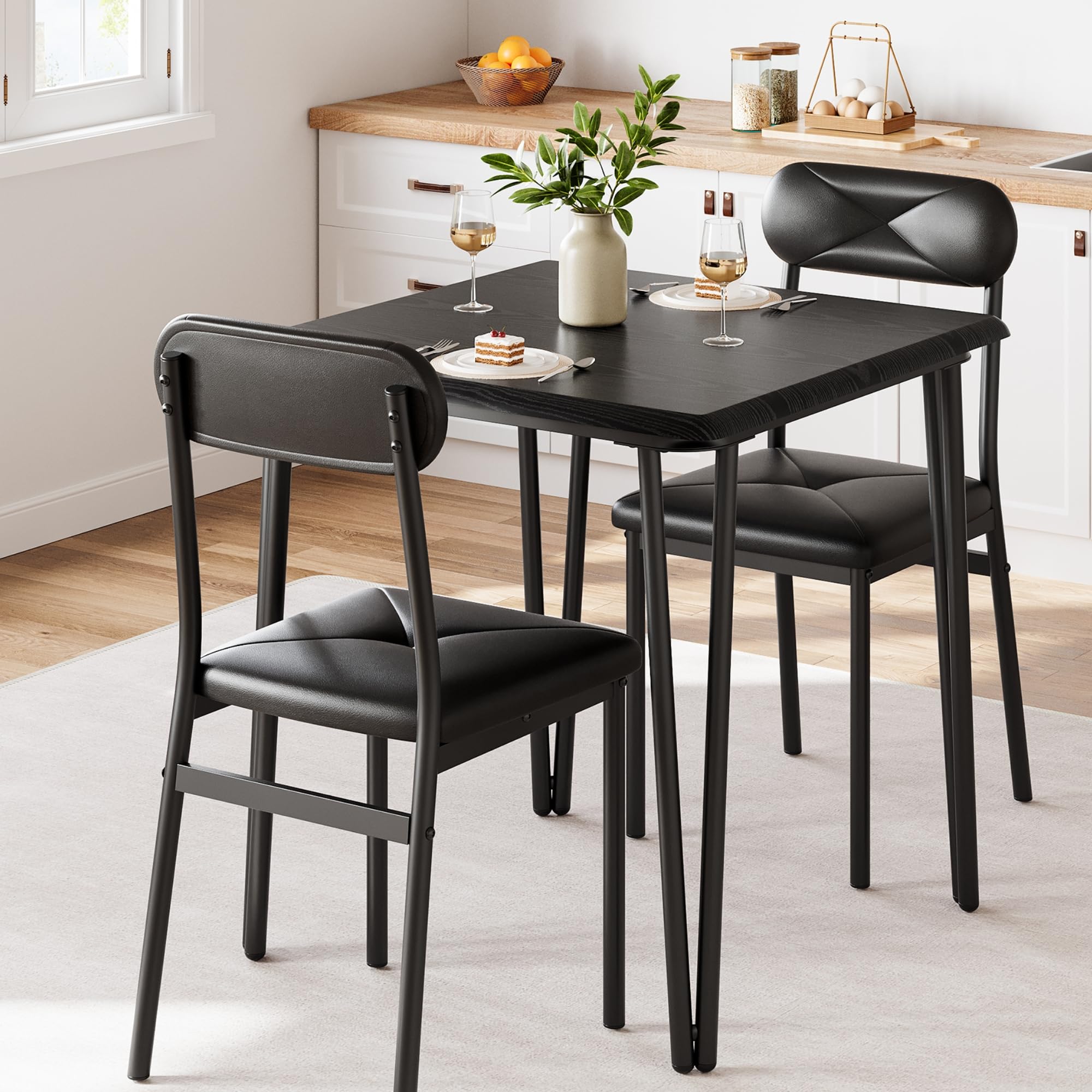 IDEALHOUSE 3-Piece Small Dining Table Set for 2 - Square Kitchen Table with 2 Upholstered Chairs, Compact Dinette Set for Small Spaces (Black) - Perfect for Breakfast Nooks, Apartments & Cozy Kitchen Corners
