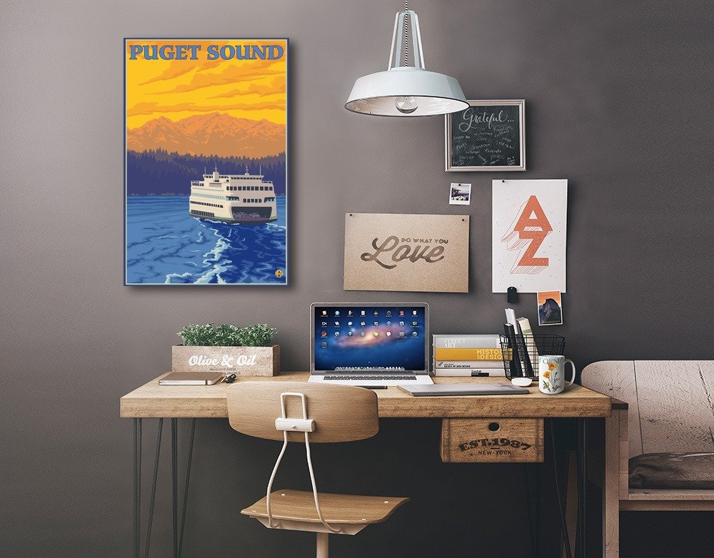 Lantern Press Puget Sound Ferry and Mountains Wall Art - 16x24 Wrapped Canvas Print - Pacific Northwest Scenic Decor for Living Room, Bedroom & Office