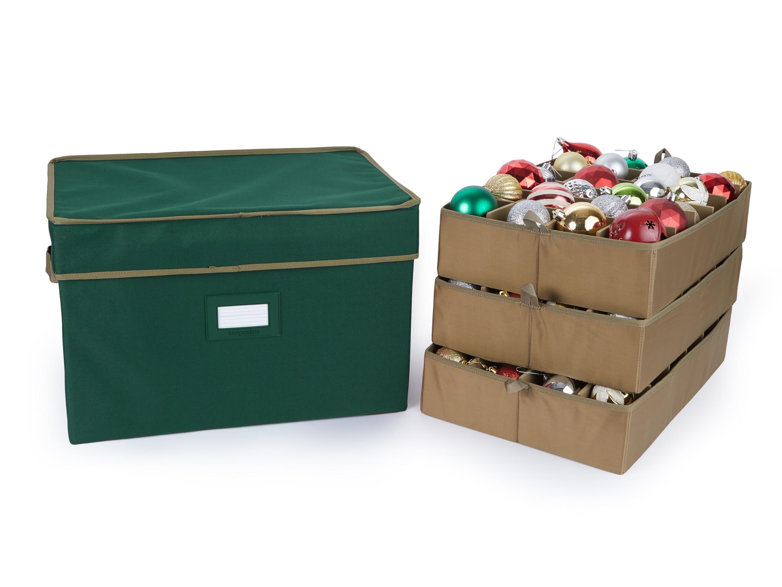 Covermates Keepsakes Adjustable Ornament Storage Box with Carrying Handles & Padded Protection - Holiday Decor Organizer for Christmas Tree Ornaments, Wreaths & Seasonal Decorations (Green)