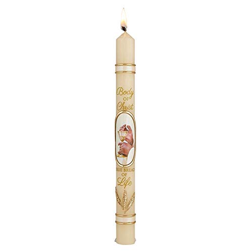 Hand-Decorated First Communion Candle - Will & Baumer 9.75 Inch Sacramental Candle with 'Body of Christ True Bread of Life' Design - Perfect for Catholic Church Ceremonies, Baptisms, and Religious Celebrations