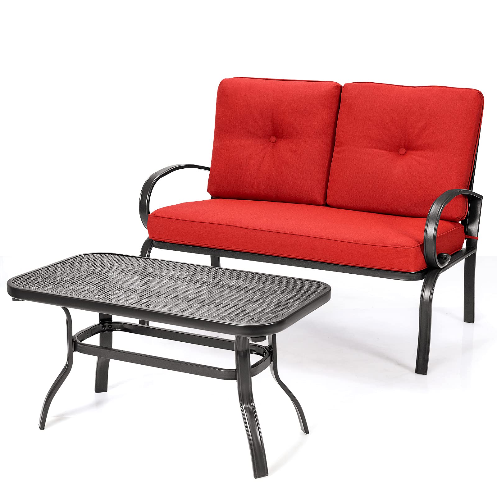 Giantex Outdoor Loveseat with Coffee Table - Patio Bench Set with Cushion & Sturdy Metal Frame - Garden, Yard, Poolside Furniture - Perfect for Relaxing, Entertaining & Sunbathing (Red & Black)