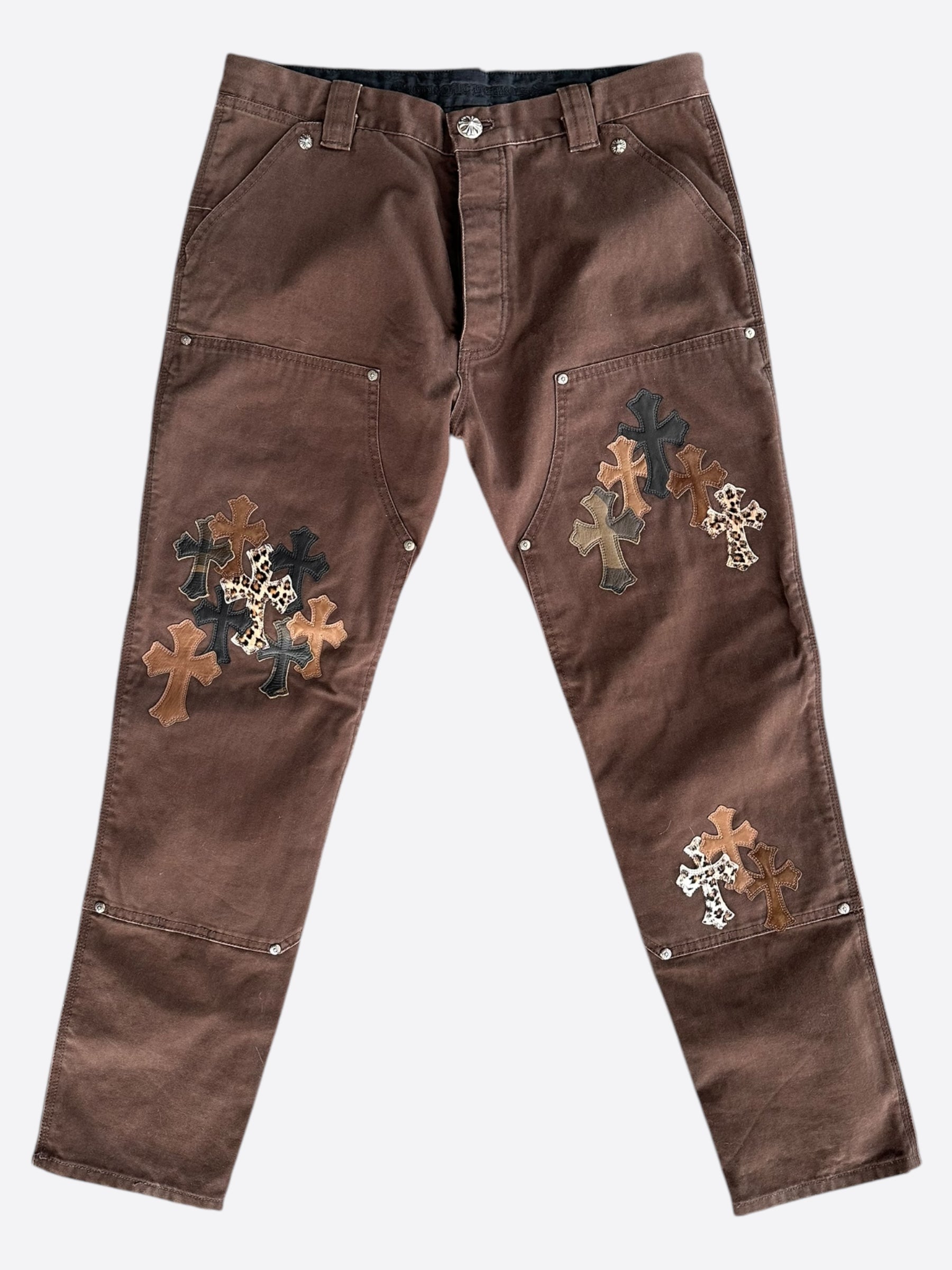 Chrome Hearts Brown Cross Embroidered Carpenter Jeans for Men - Stylish Distressed Denim Pants with Gothic Cross Design, Perfect for Streetwear and Casual Outfits