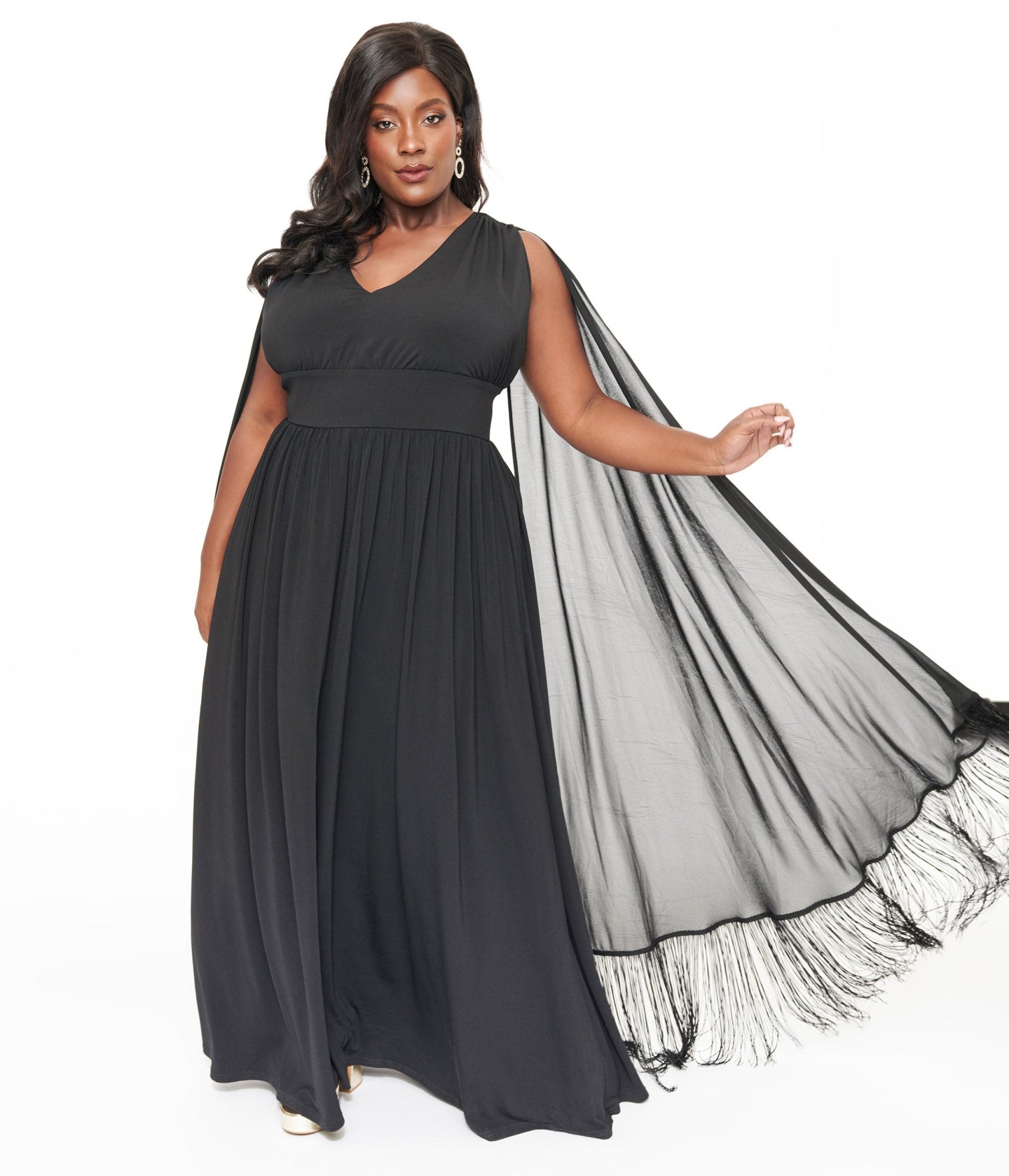 Smak Parlour 1970s Black Fringe Cape Maxi Dress for Women Plus Size | Vintage Boho Hippie Costume for Halloween, Theme Parties & Retro Fashion