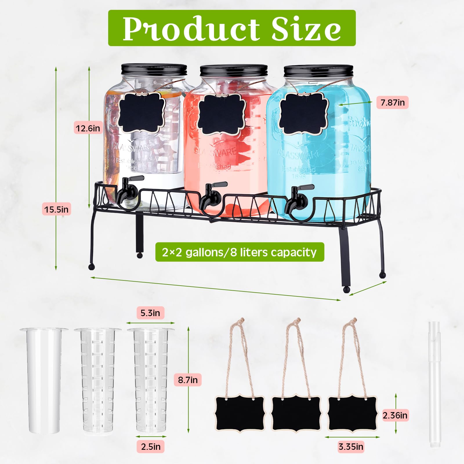 Lallisa 3-Piece 2-Gallon Glass Beverage Dispenser with Stand, Lid & Stainless Steel Spigot - Mason Jar Drink Dispenser with Hanging Chalkboard Signs, Fruit Infuser & Ice Cylinder - Perfect for Parties, Weddings, BBQs & Home Bars (Black)