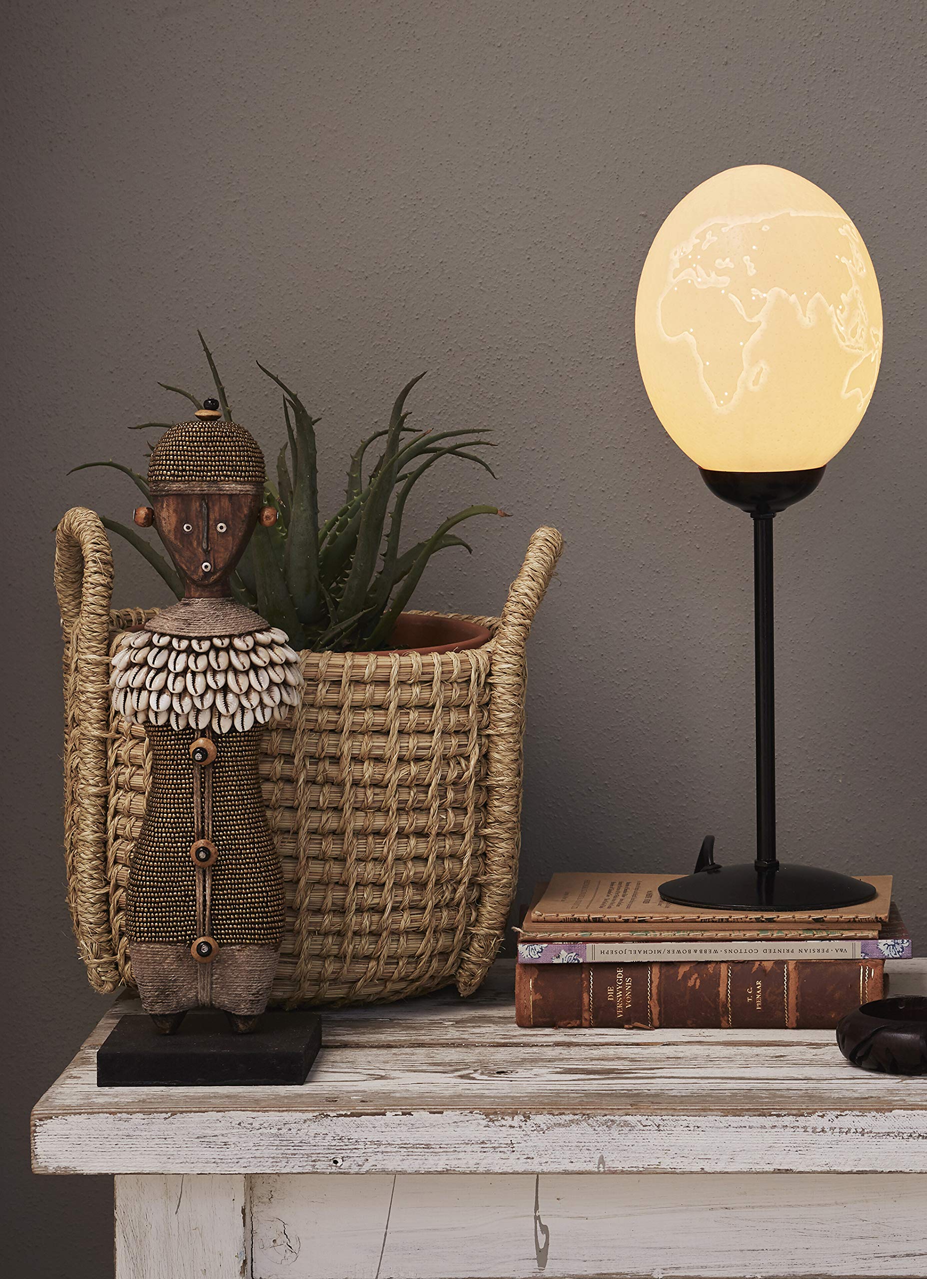 Hand-Carved Ostrich Egg Lamp with Triangle Design - Unique Home Decor for Living Room, Bedroom & Office