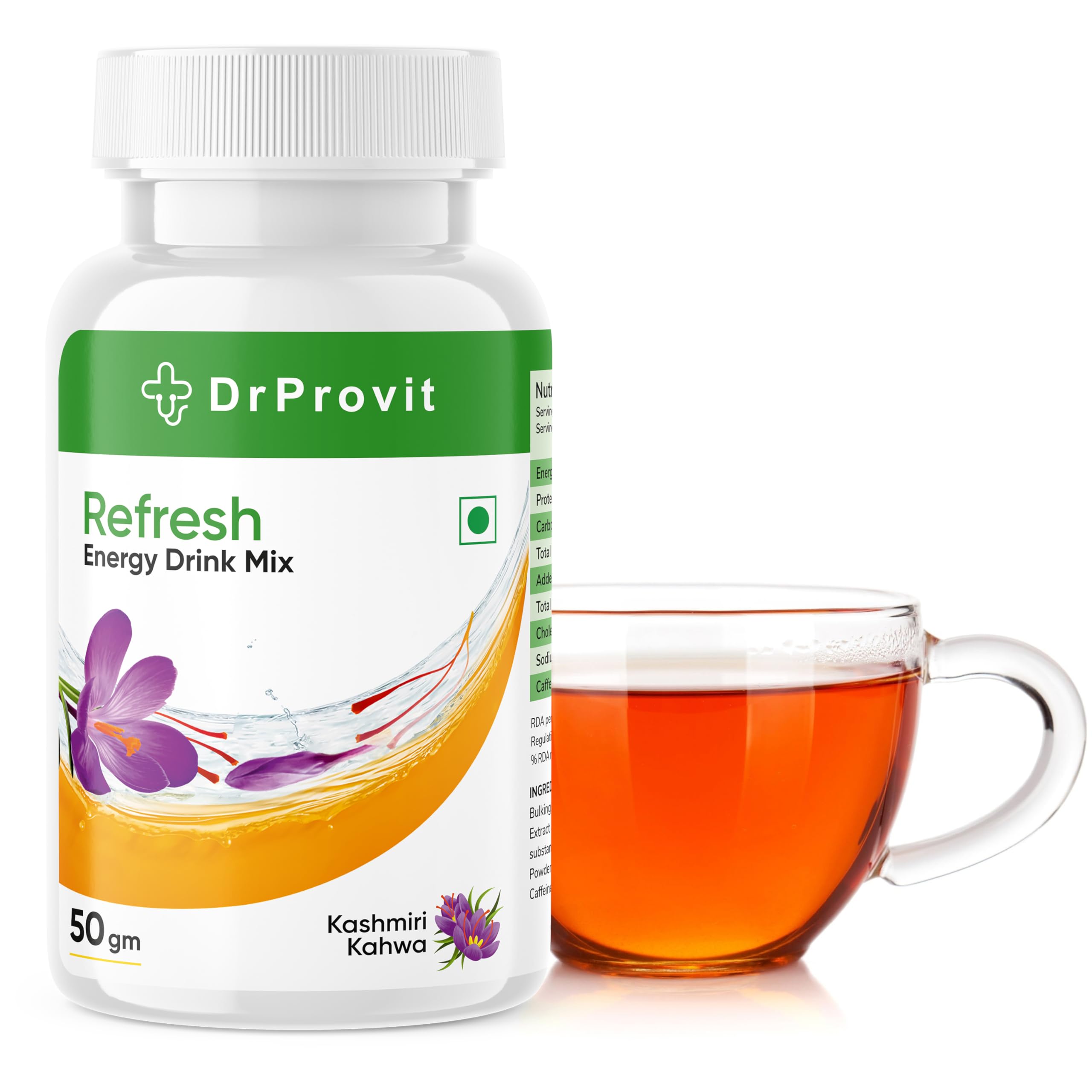 Dr.Provit Refresh Energy Drink Mix - 50 Servings, Kashmiri Kahwa Flavor (50g) | Boost Energy & Focus | Perfect for Workouts, Study & Travel