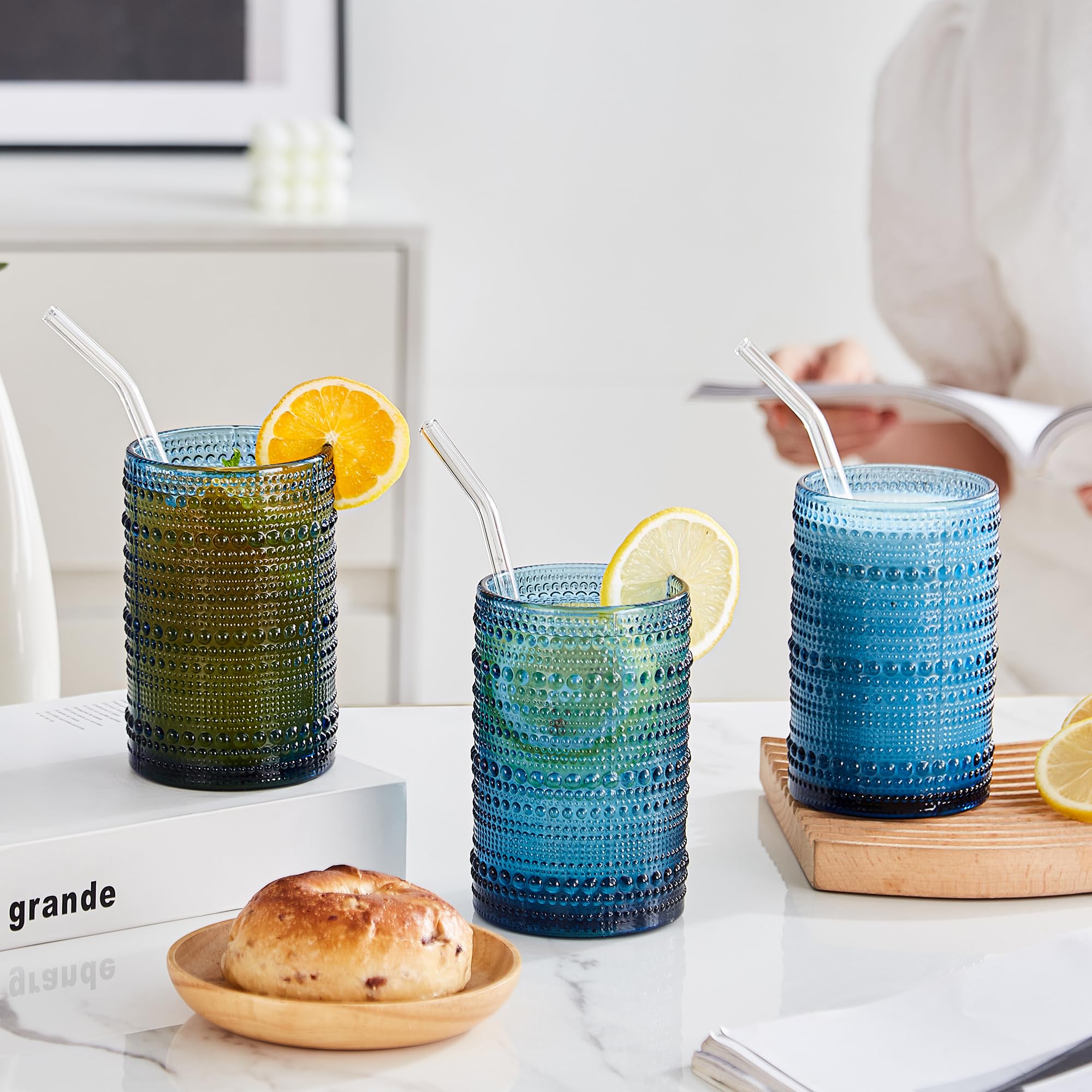15 oz Blue Hobnail Drinking Glasses with Straws - Set of 6 Vintage Glassware for Cocktails, Beer, Smoothies & Juice - Old Fashioned Beverage Glasses for Home Bar, Kitchen & Party Entertaining