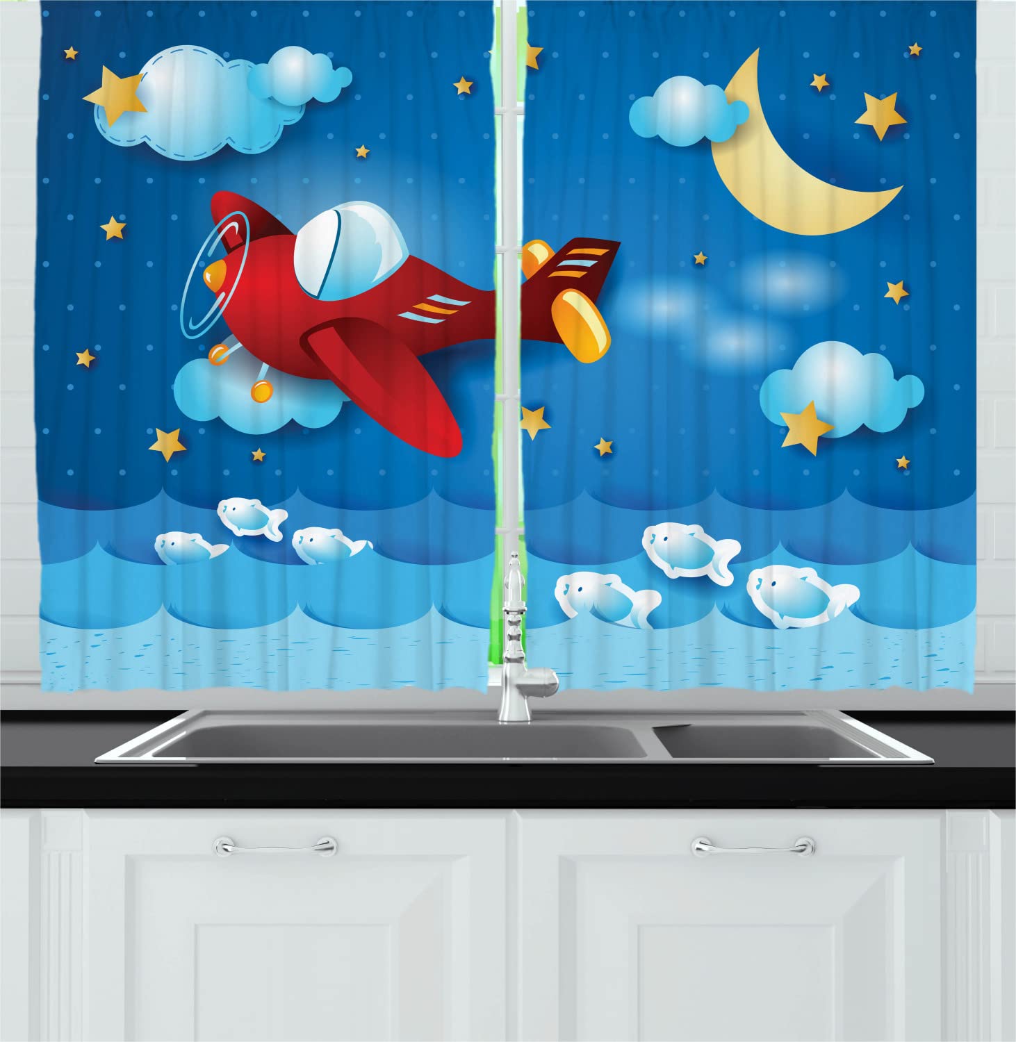 Ambesonne Retro Moon & Stars Kitchen Curtains - Blue & Yellow Airplane & Fish Print Drapes, 55x45 Inch, Rod Pocket for Windows - Perfect for Coastal, Nautical & Vintage Home Decor