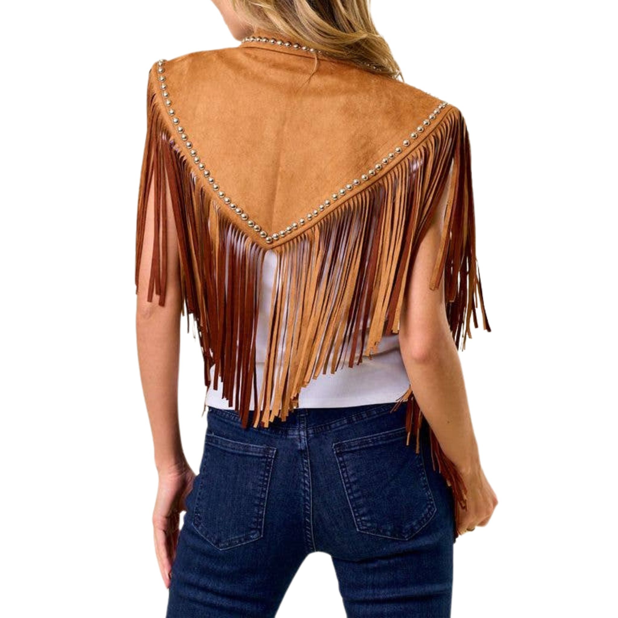 Camel Studded Fringe Shrug - Boho Chic Leather Jacket for Women | Perfect for Music Festivals & Night Out