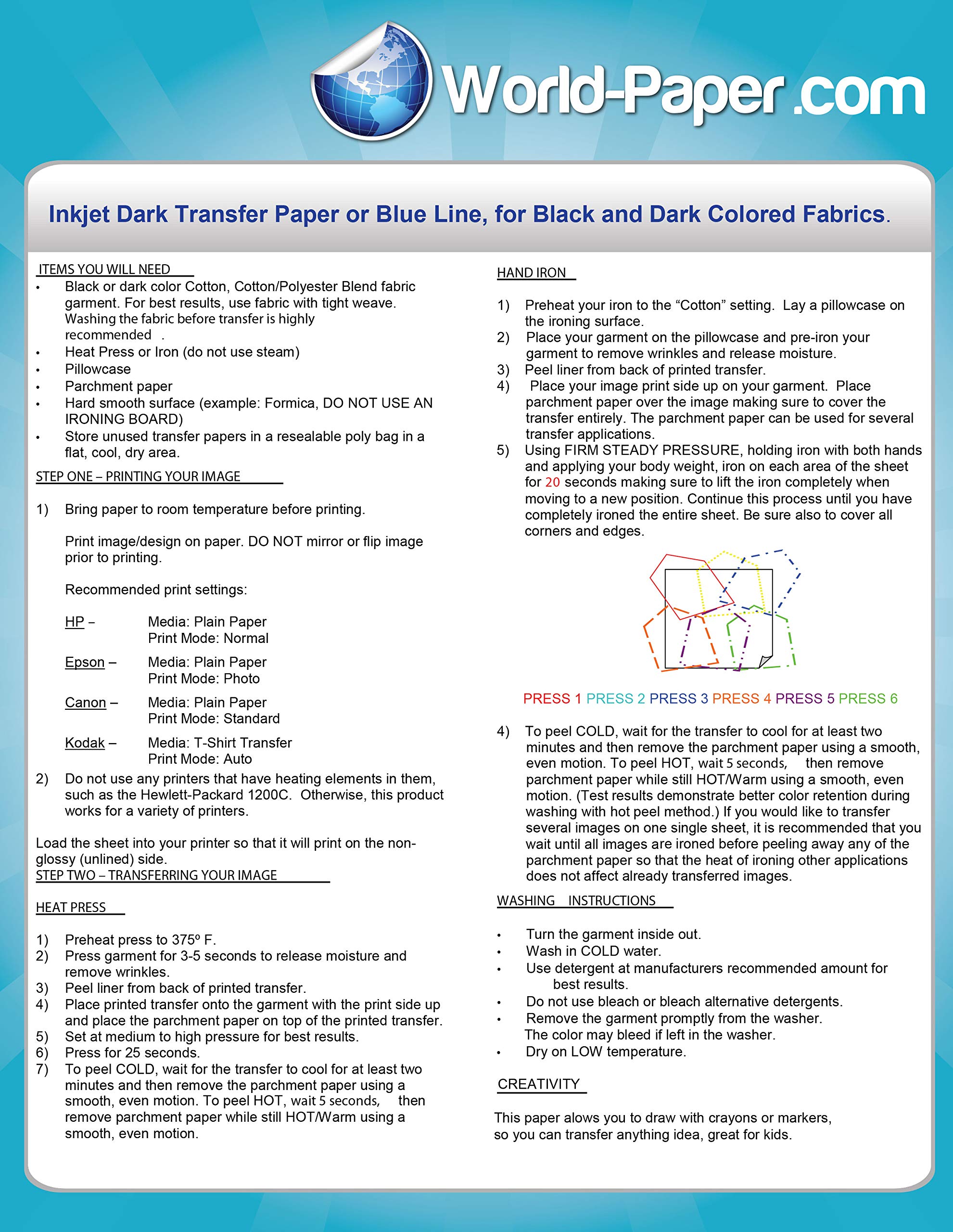 Blue Line Inkjet Dark Opaque Heat Transfer Paper 8.5 x 11 Inches - 50 Sheets Pack for T-Shirts, Hoodies & DIY Apparel Projects