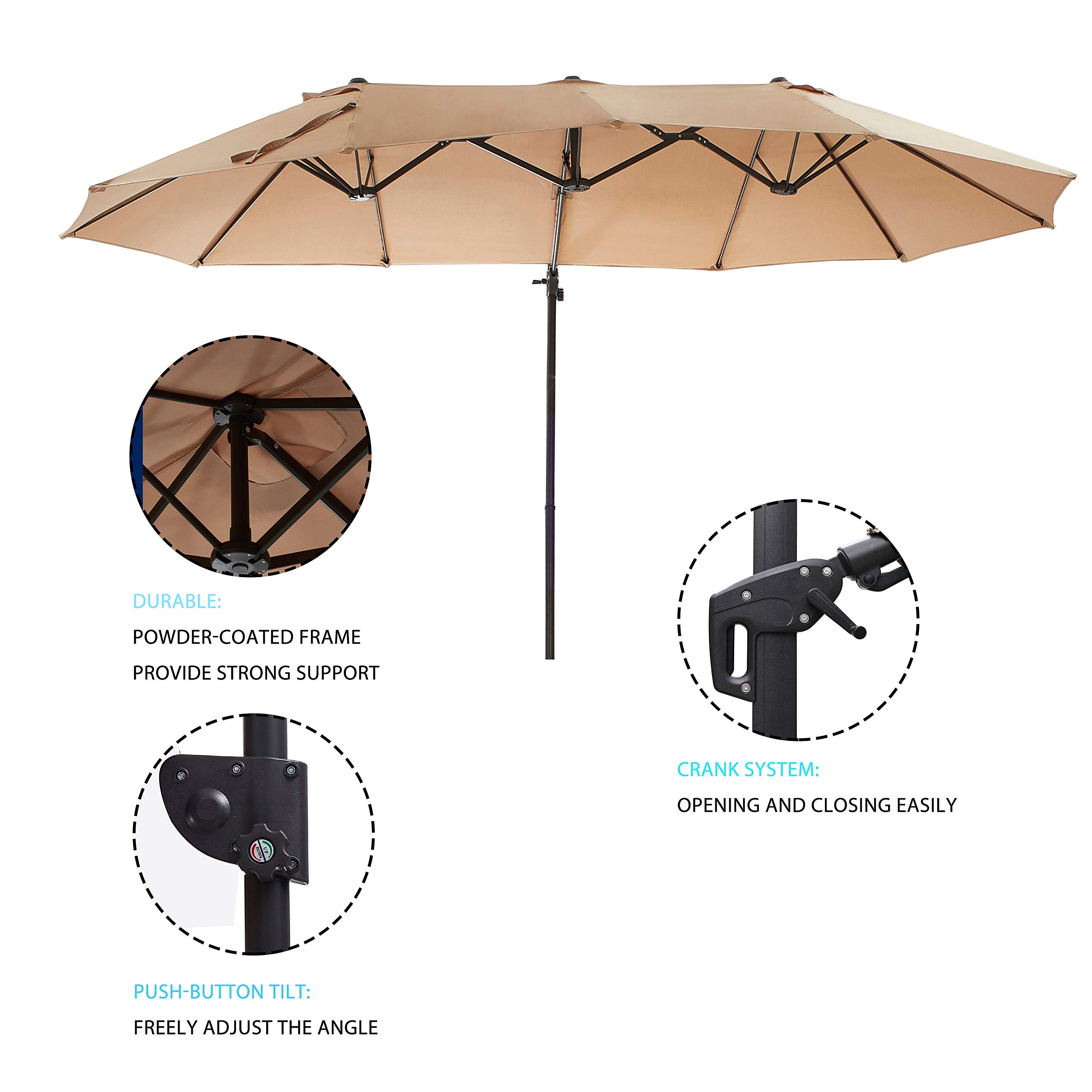 LOKATSE HOME 14.4 Ft Twin Head Outdoor Patio Market Umbrella with Crank & Weighted Base Stand - Large Rectangular Cantilever Hanging Umbrella Set in Khaki - Perfect for Poolside, Backyard, Beach, and Outdoor Dining Areas