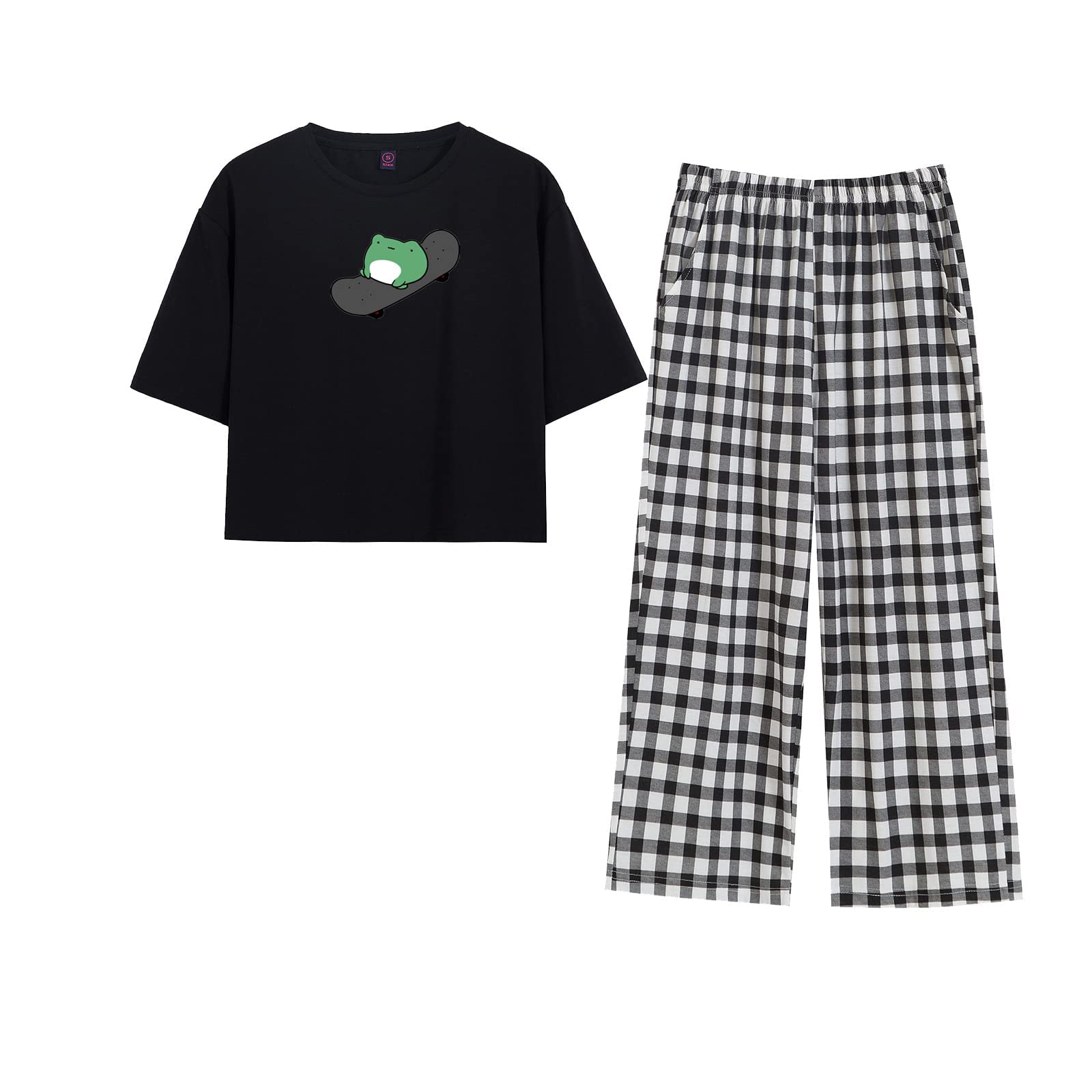 Skateboarding Frog Women's Cotton Pajama Set - Soft Loungewear Sleepwear with Crop T-Shirt & Plaid Capri Pants (Black) | Perfect for Sleepovers, Relaxing at Home & Cozy Nights