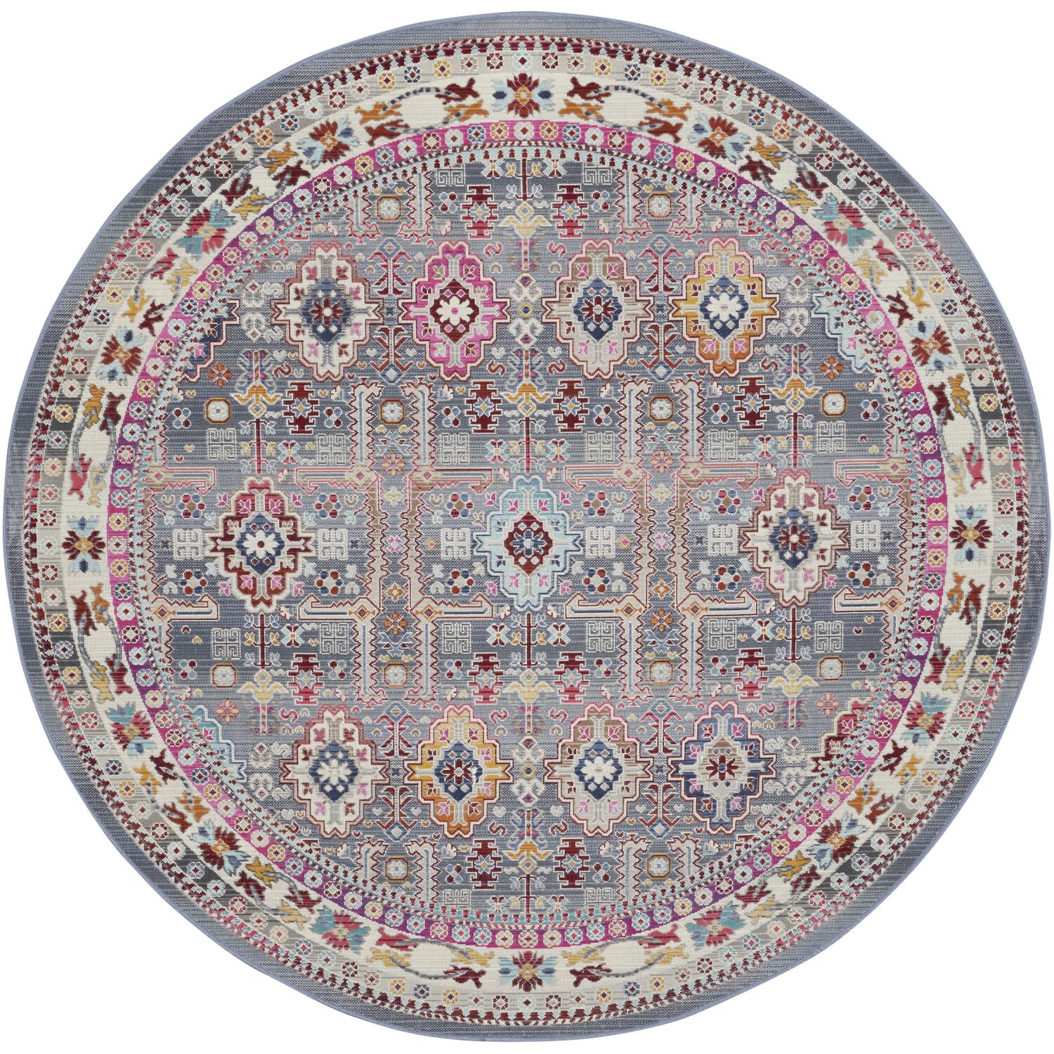 Nourison Vintage Kashan 6' Round Area Rug - Grey & Multi Color, Easy Clean, Non-Shedding for Bedroom, Living Room, Dining Room & Kitchen | Perfect for Boho Decor & Cozy Home Spaces