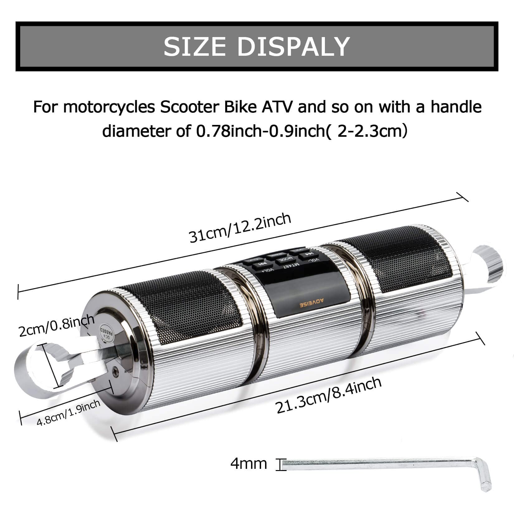 PSLER Waterproof Bluetooth Motorcycle Speaker - Handlebar Mount Stereo Sound System with FM Radio & MP3 Player for Motorcycle, Scooter, Bike, ATV - Perfect for Outdoor Adventures & Road Trips (Silver)