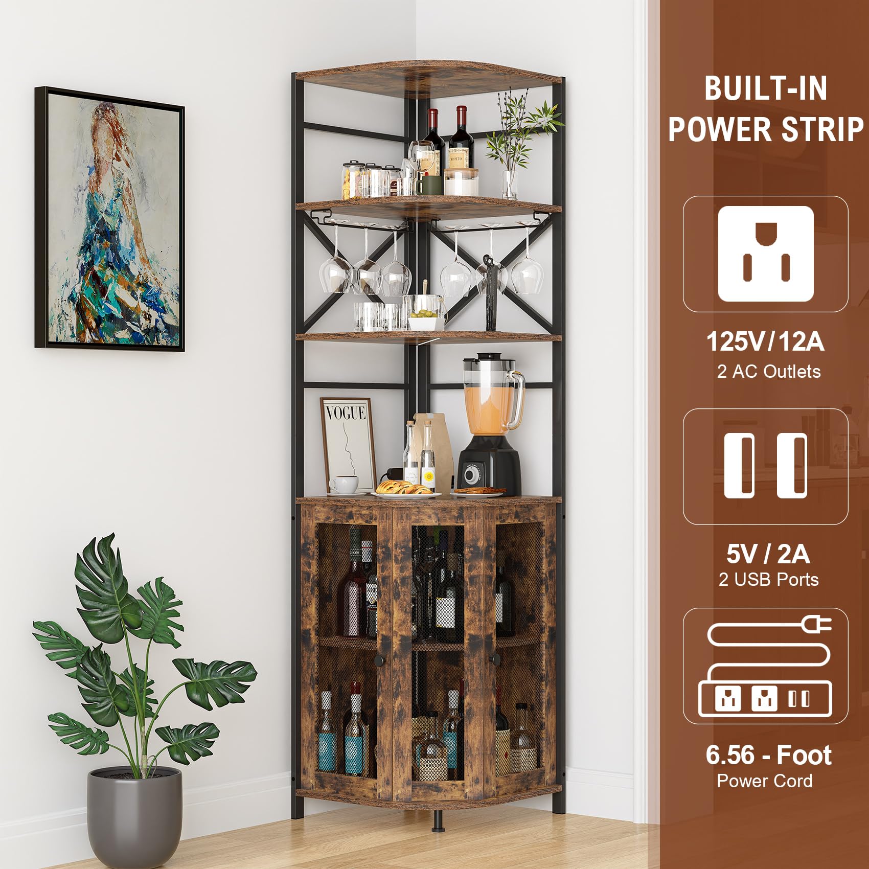Industrial 6-Tier Wine Bar Cabinet with LED Lights, Power Outlet & Adjustable Glass Shelves - Corner Liquor Storage Cabinet for Home Bar, Dining Room or Christmas Gift