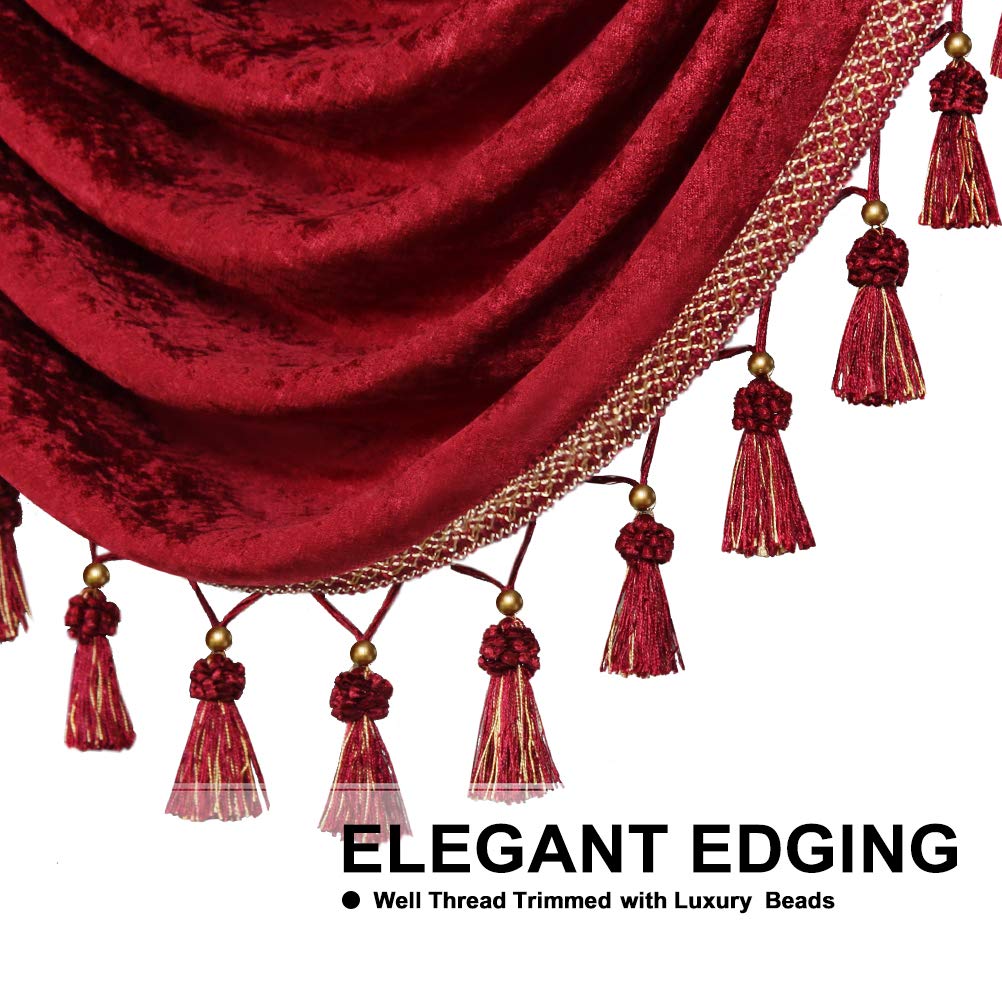 ELKCA Thick Chenille Window Curtain Valance with Tassels - Burgundy Red Waterfall Valance for Living Room, Festival & Holiday Decor (110 Inches Wide) - Perfect for Christmas, Thanksgiving & Home Decoration
