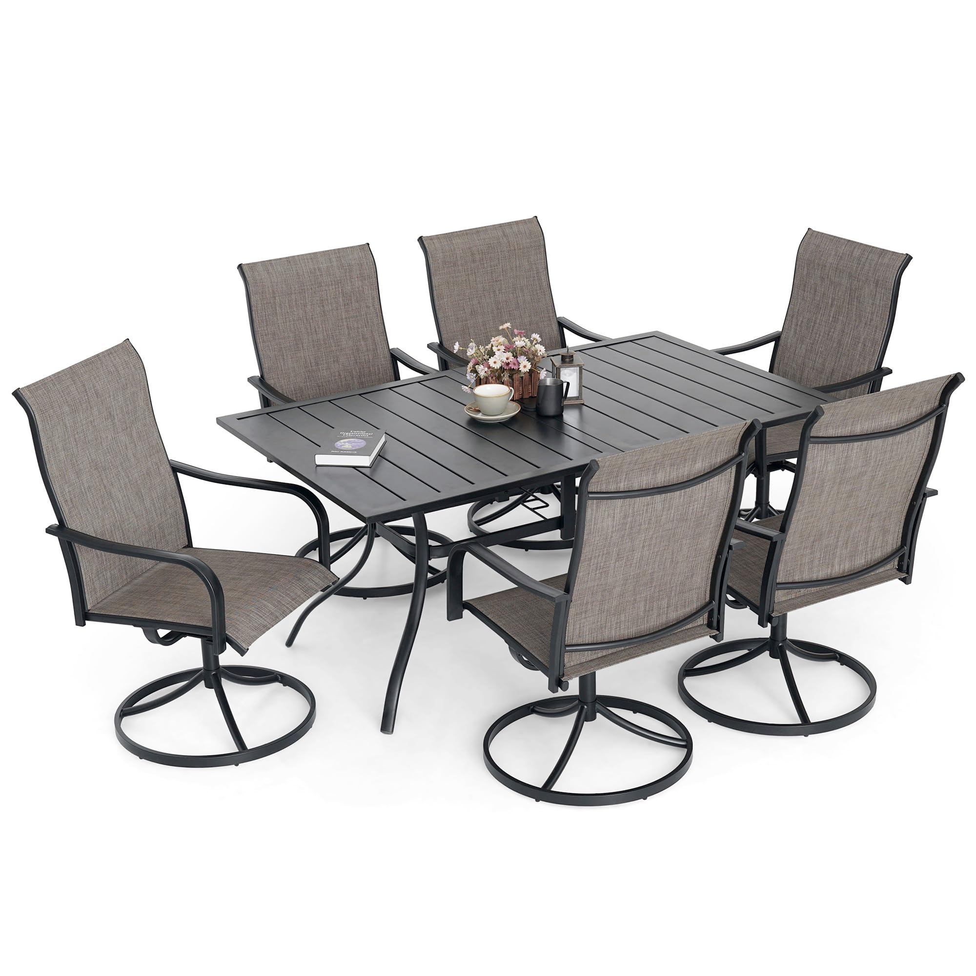 Virvla 7-Piece Outdoor Patio Dining Set - 6 Swivel Rocking Chairs & 1 Rectangle Table, Light Grey Patio Furniture for Backyard, Porch, Poolside & Deck - Perfect for Outdoor Entertaining & Relaxation