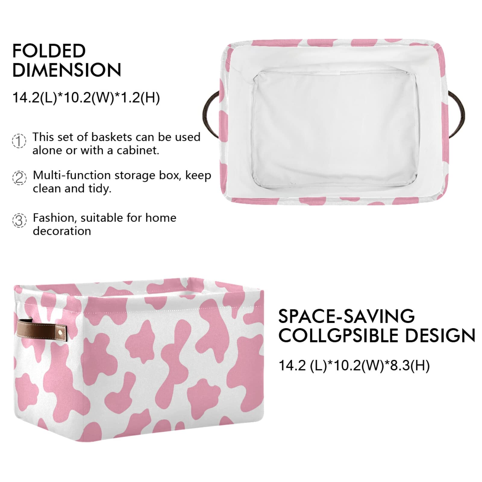 Pink Cow Collapsible Storage Basket with Leather Handles - Foldable Rectangular Storage Bin for Home Organization, Kids Room Decor & Nursery Storage | Perfect for Toys, Books, Blankets & Closet Organization