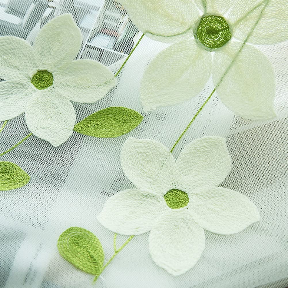 HooHero Floral Embroidered Sheer Curtains - 50x72 Inch Lightweight Gauze Window Drapes for Living Room, Bedroom, Balcony - Green Tulle Curtain Panel (Perfect for Farmhouse, Boho & Cottage Style Decor)