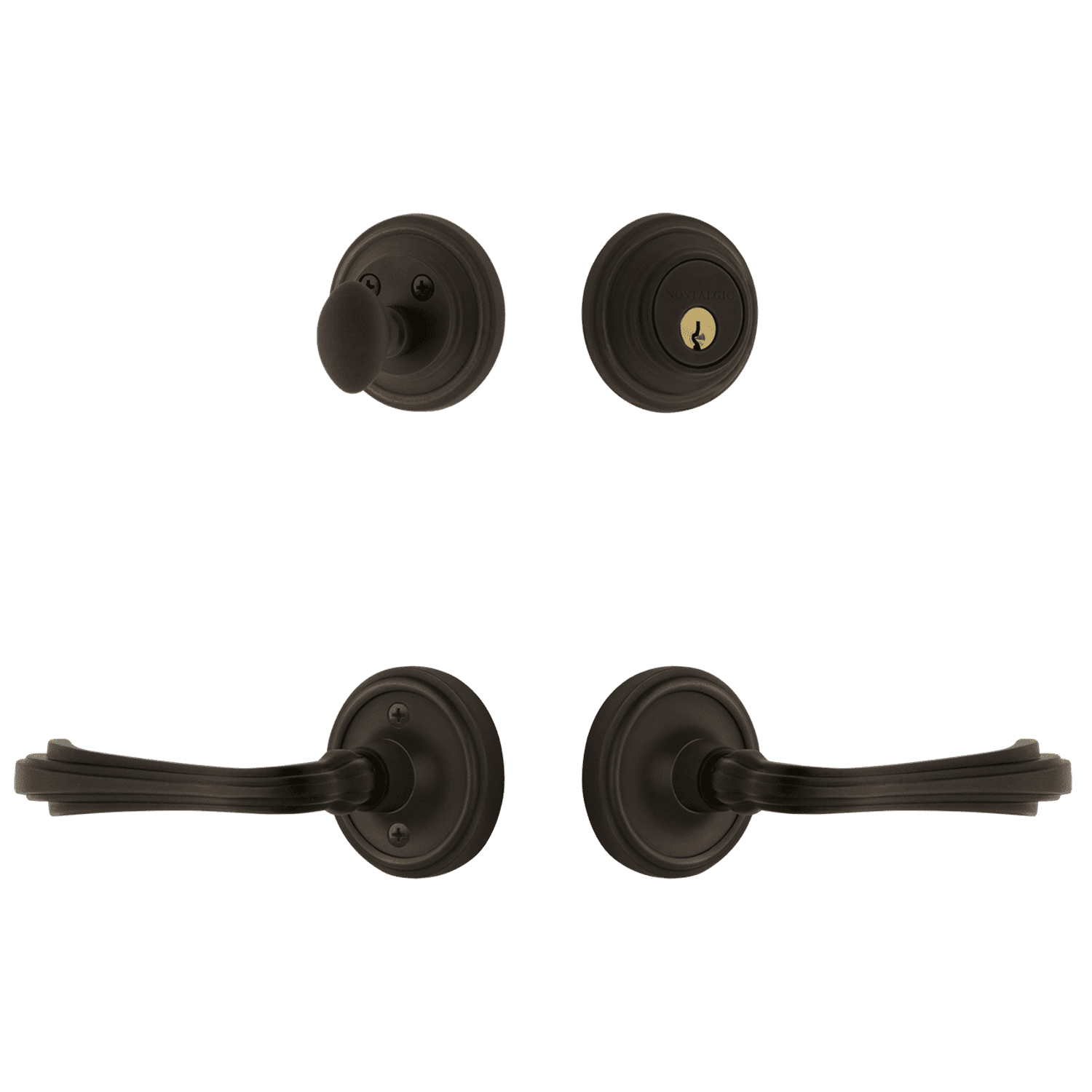 Classic Rosette Entry Set with Fleur Lever in Oil Rubbed Bronze - Elegant Door Hardware for Home & Office Entryways | Durable & Stylish Interior Door Handle Set