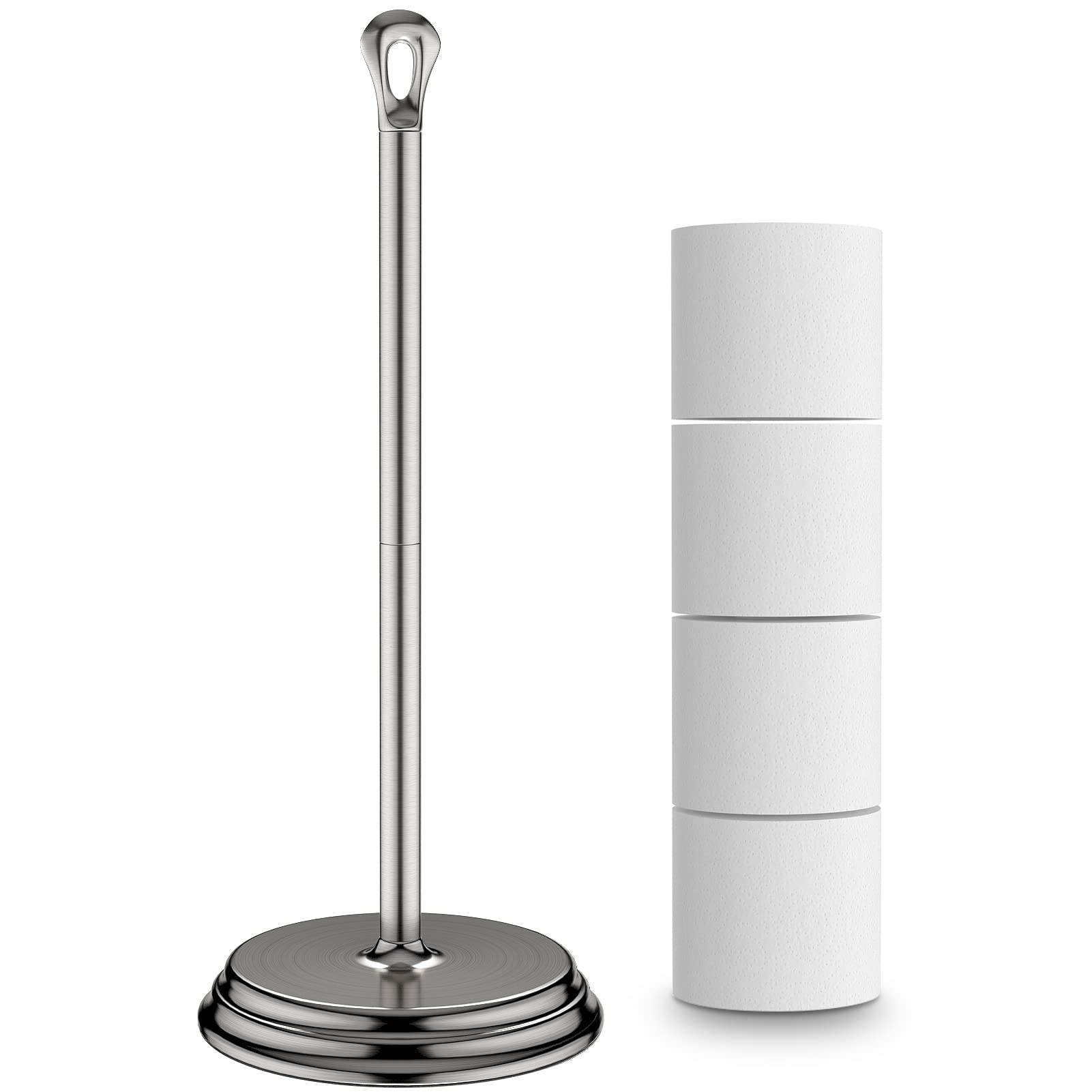 KASUNTO Rustproof Free Standing Toilet Paper Holder - Brushed Nickel Bathroom Tissue Roll Stand for Modern Bathrooms | Durable Metal Storage for Toilet Paper Rolls | Perfect for Home, Office & Guest Bathroom Accessories