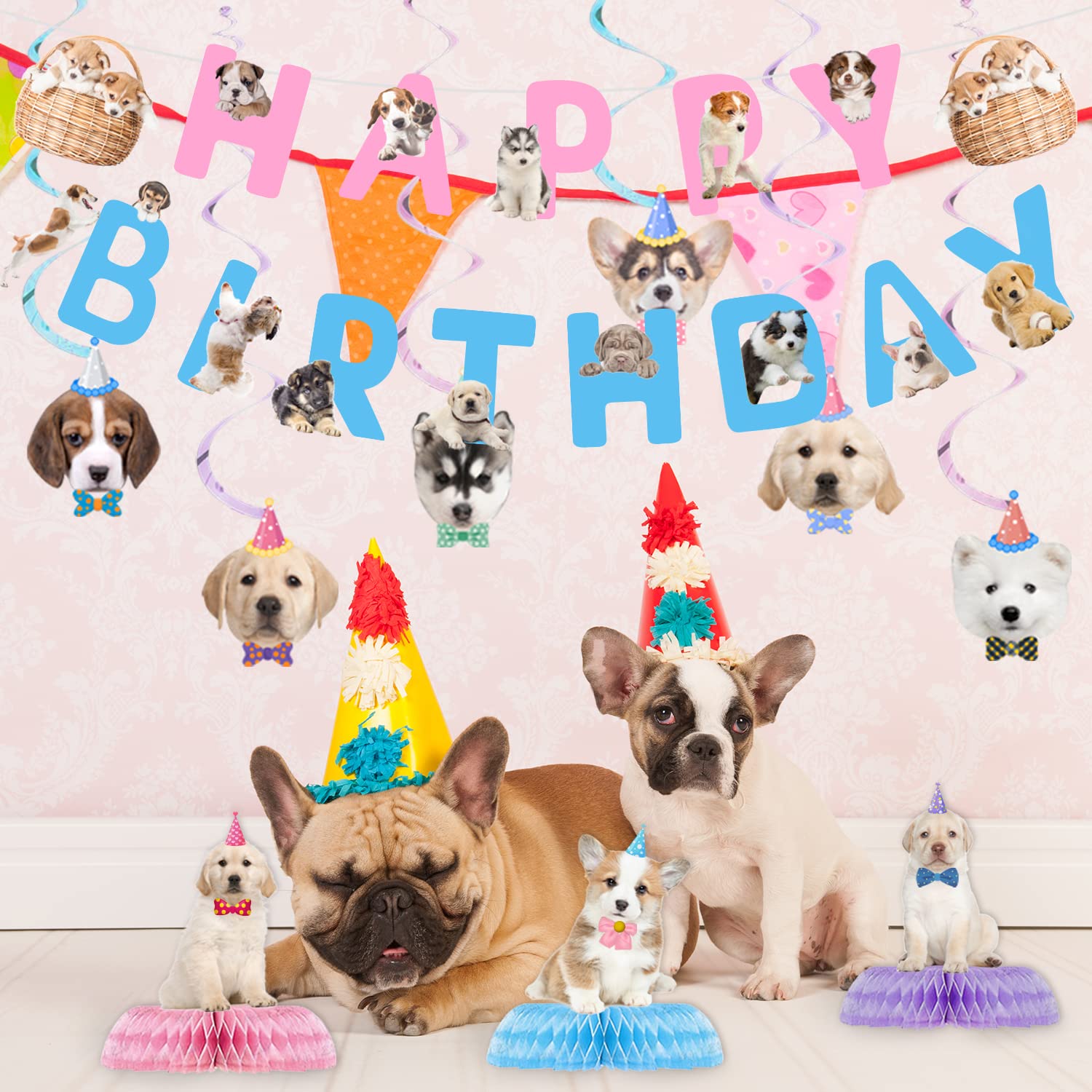 16 Pcs Dog Birthday Party Supplies Set - Includes Happy Birthday Banner, 6 Hanging Cutouts, 6 Swirl Decorations & 3 Honeycomb Centerpieces for Puppy Themed Party | Perfect for Dog Birthday Celebrations, Pet Adoption Events & Puppy Shower Decorations