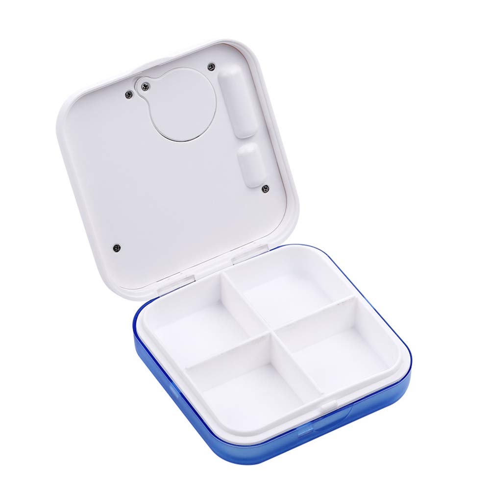 4-Compartment Travel Pill Organizer Box with 5 Alarm Timer - Digital Countdown Display & Daily Medication Reminder (Blue) | Perfect for Travel, Work, and Home Medication Management
