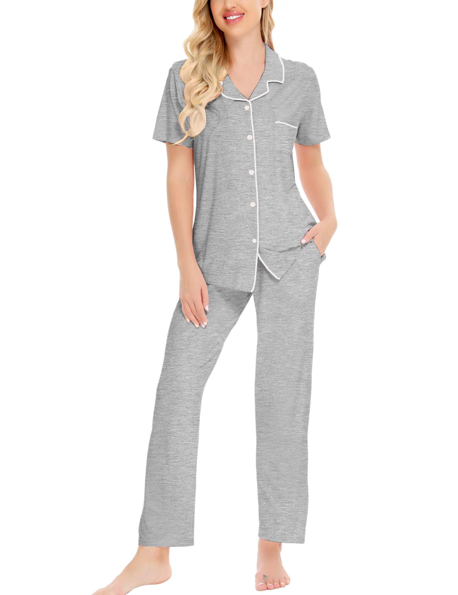 SWOMOG Women's Pajama Sets - Soft 2-Piece Sleepwear with Short Sleeve Top & Long Pants, Button Down Nightwear for Lounge & Sleep - Perfect for Relaxing at Home, Sleepovers & Cozy Nights