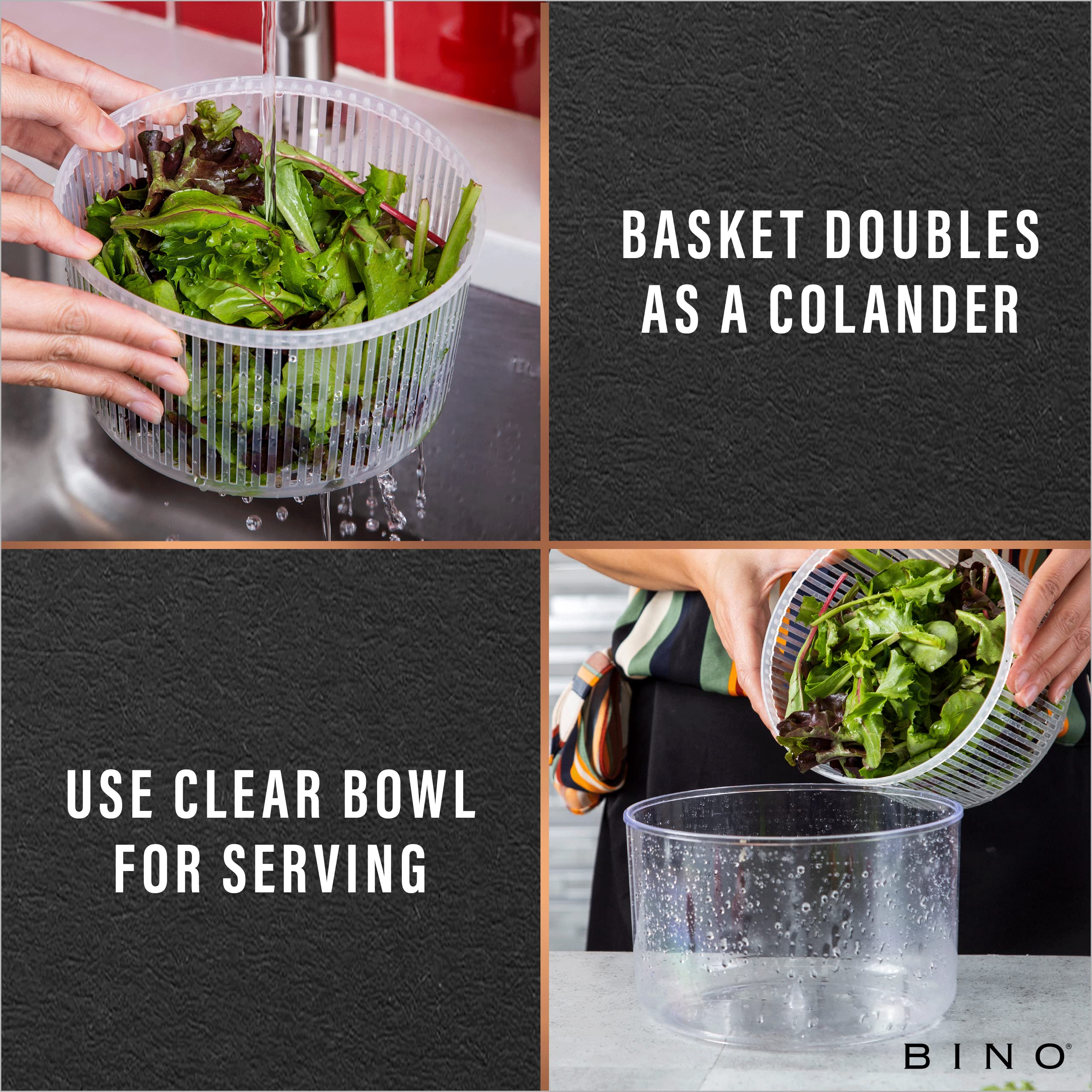 BINO 2.75 Qt Manual Salad Spinner - Lettuce Dryer with Serving Bowl, Fruit & Vegetable Basket, Pasta & Herb Strainer - Perfect for Fresh Salads, Meal Prep & Healthy Cooking | Kitchen Gadgets for Home Chefs