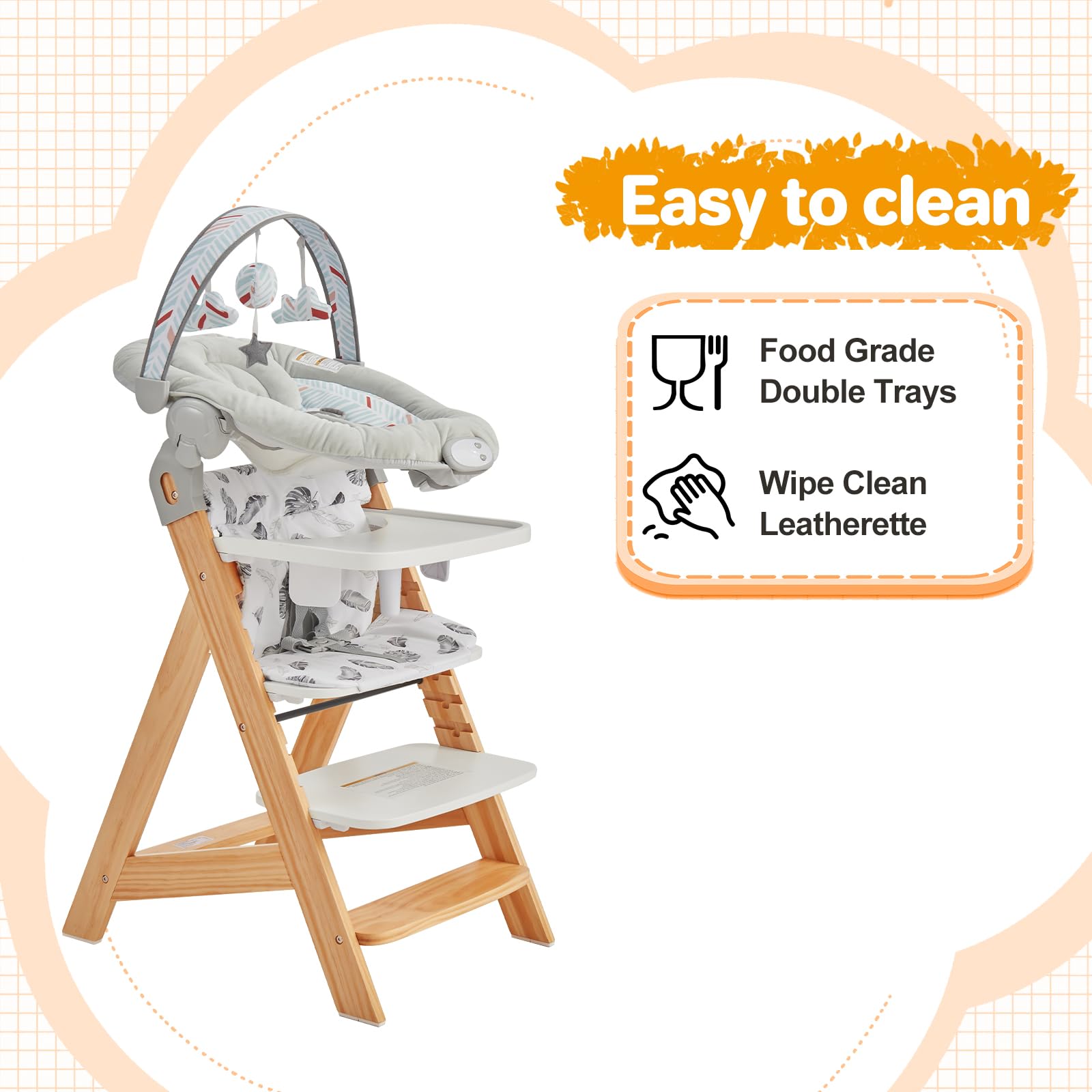 Convertible Wooden High Chair with Baby Bouncer & Tray - Adjustable Toddler Highchair for 6+ Months - Water Resistant Natural Wood Baby Chair for Dining & Feeding - Perfect for Home, Nursery & Restaurants