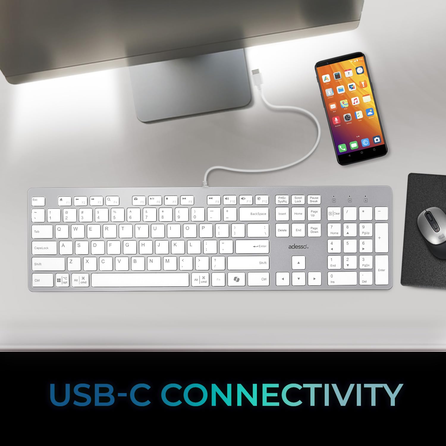 Adesso EasyTouch 730 - Slim USB-C Keyboard with Scissor Switches & Copilot AI Hotkey | Multi-OS Compatible (Windows/Mac) | Built-in USB-A/C Hub & 3.5mm Aux Port | Quiet Typing for Office, Home & Gaming Workspaces