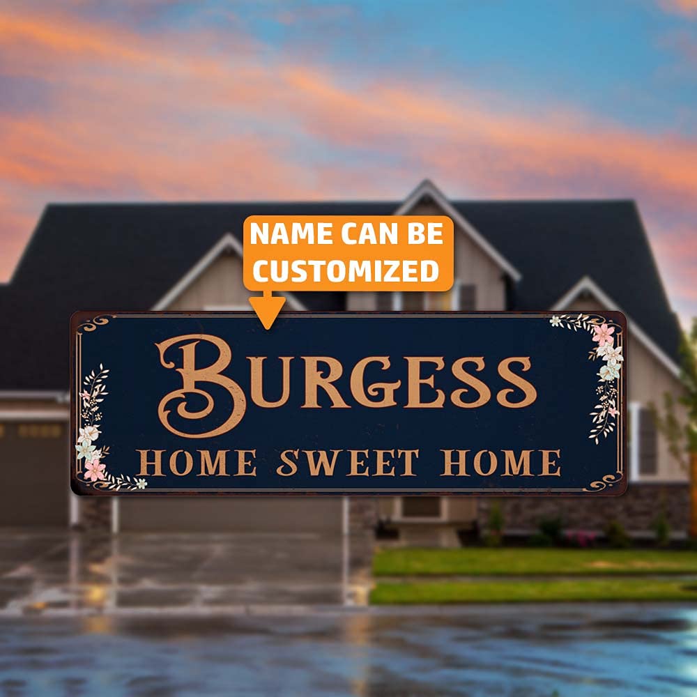 Personalized Victorian 'Home Sweet Home' Metal Wall Sign - 8x24 Inch Matte Finish Tin Plaque with Custom Name, Family Gift Idea for Rustic & Steampunk Home Decor - Perfect for Living Room, Bedroom or Entryway