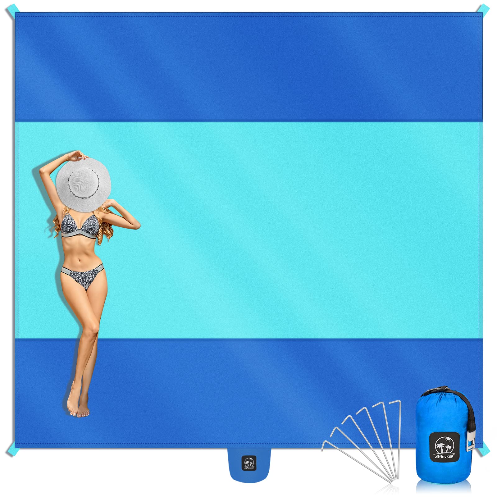 **Movker Waterproof Sandproof Beach Blanket - Extra Large 9x10 FT (1-8 Person) Quick Dry Lightweight Picnic Mat with 6 Stakes & Carabiner - Perfect for Beach, Park, Camping & Outdoor Adventures - Blue**