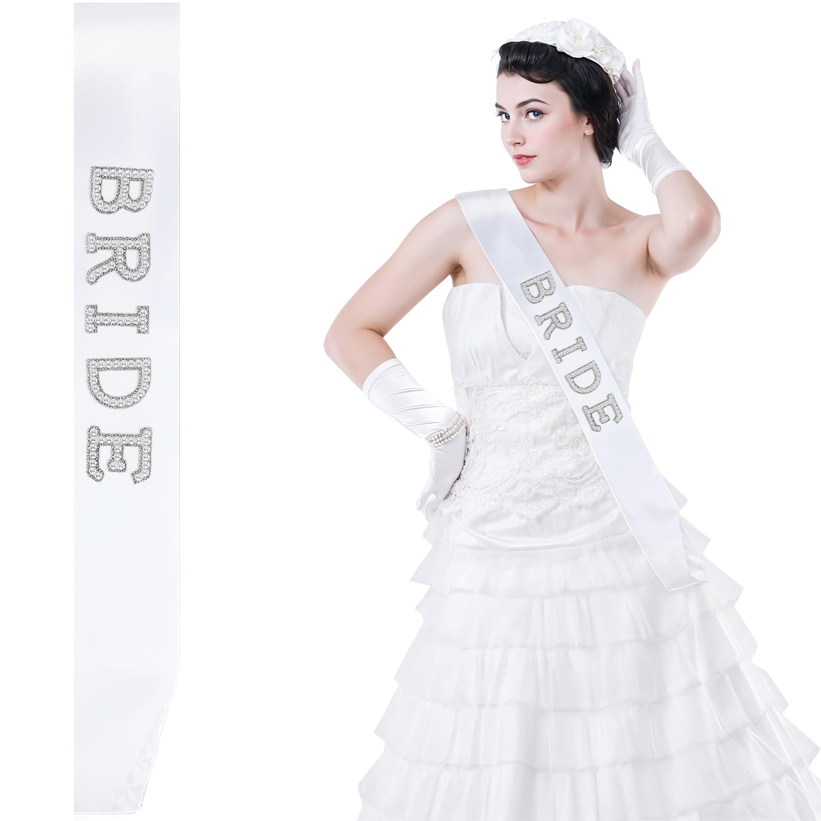 Elegant White Bride Sash with Pearls & Rhinestones - Perfect for Wedding, Bridal Shower & Bachelorette Party - Ideal Bridal Accessory Gift for Bride-to-Be