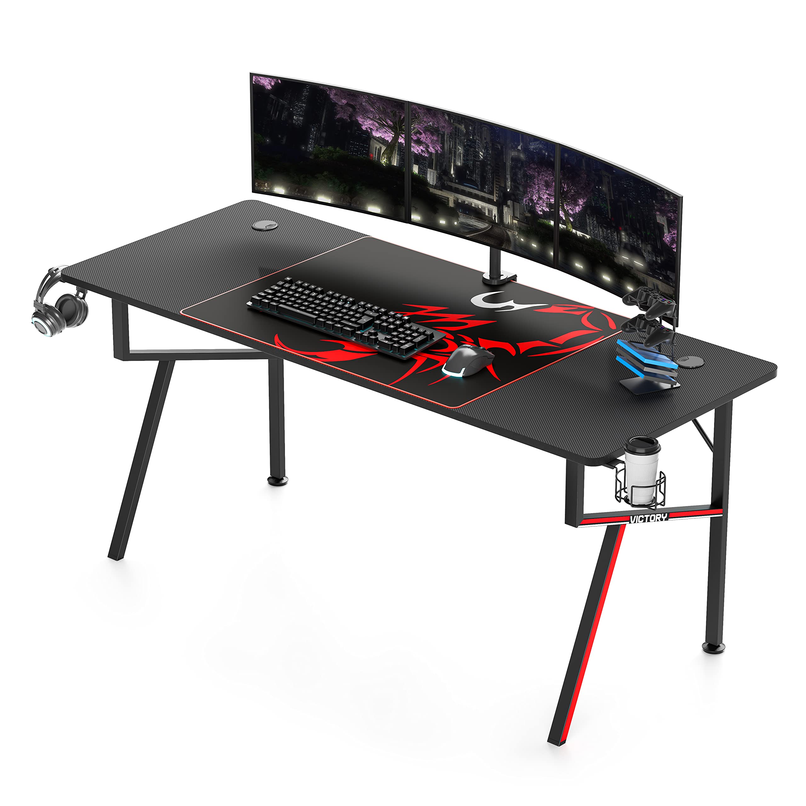 EUREKA ERGONOMIC 63-inch K-Shaped Gaming Desk with Large Mouse Pad, Cup Holder & Headphone Hook - Perfect for PC Gaming Setup, Home Office & Streaming (Black)
