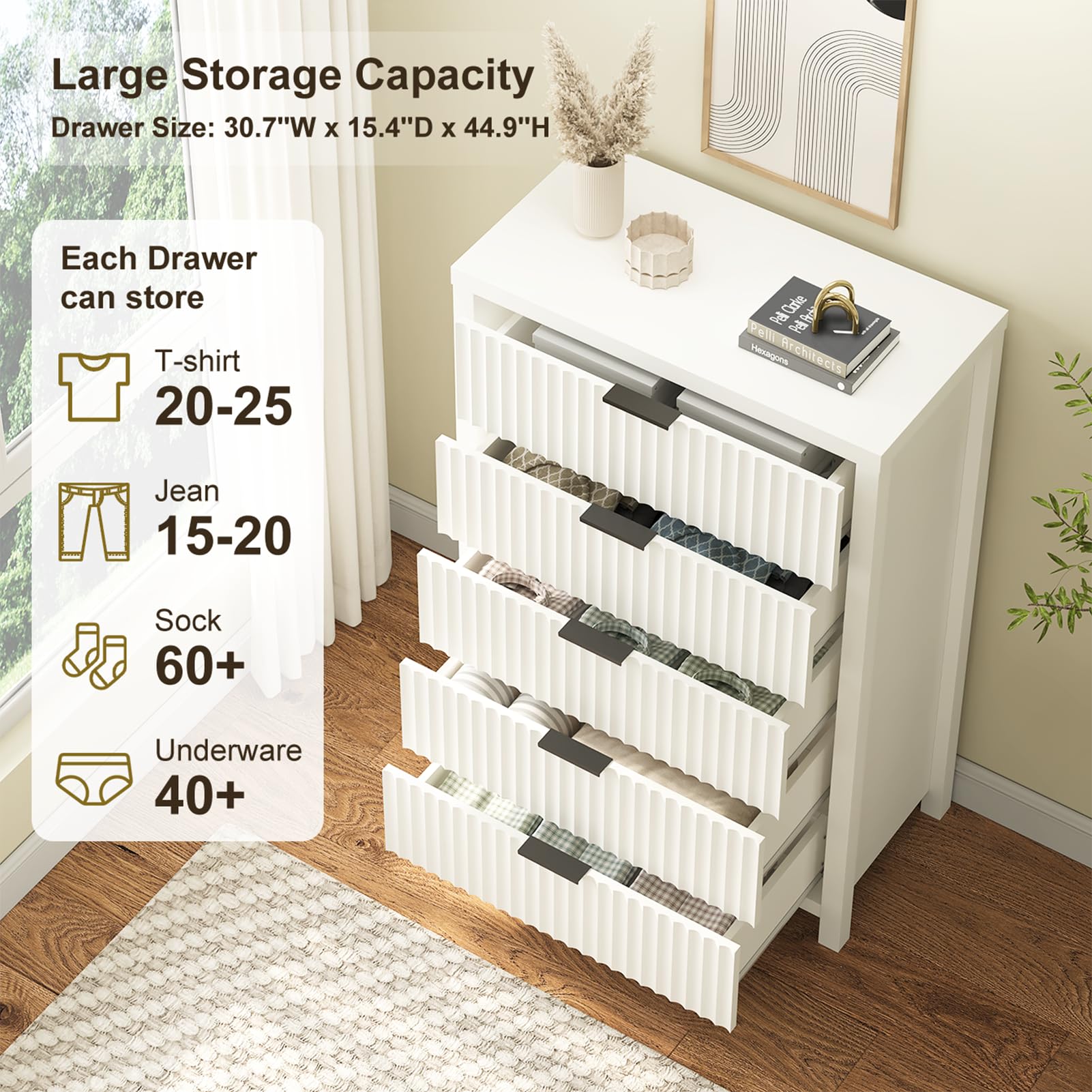 Modern 5-Drawer Fluted Dresser for Bedroom - Tall Solid Wood Chest with Thick Plank Design & Sturdy Legs - Wooden Storage Organizer for Clothes, Bedding & Accessories - Perfect for Bedroom, Living Room, Hallway or Entryway (White)