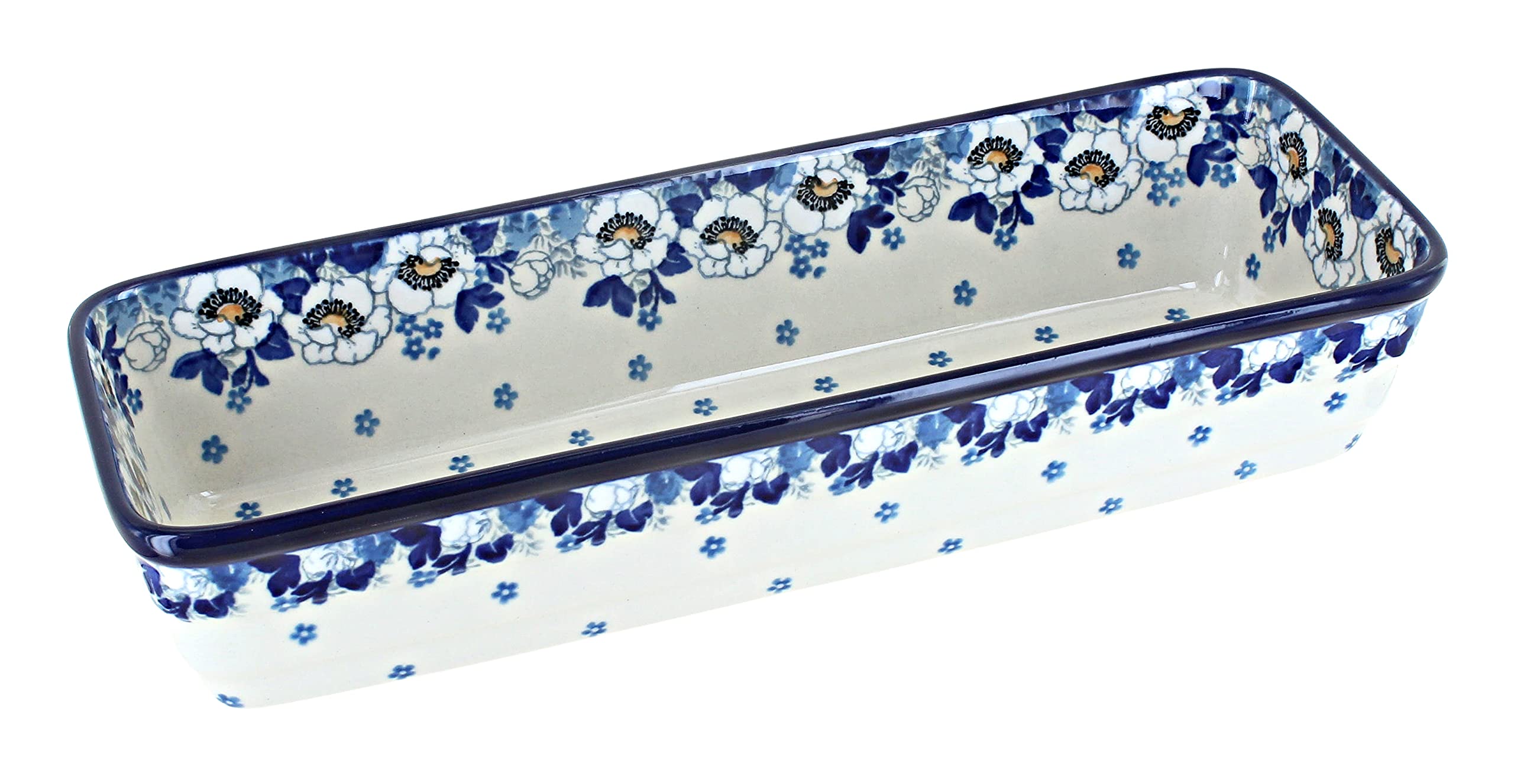 Handmade Blue Rose Polish Pottery Georgia Blue Long Loaf Baker - Traditional Ceramic Bread Pan for Artisan Baking, Perfect for Homemade Bread & Pastries (Kitchen, Gift, Rustic Decor)