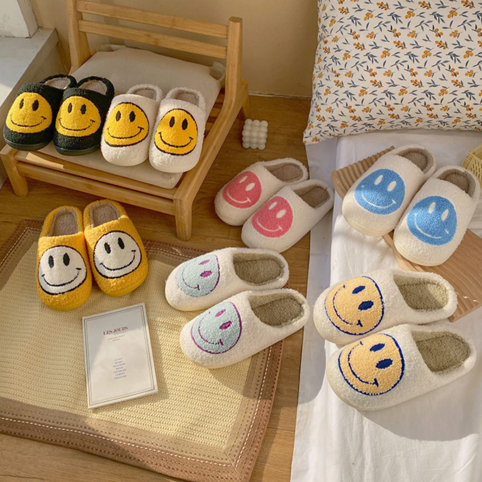 Women's Smile Face Slippers - Soft Plush Retro Preppy Happy Face Slip-On Slippers for Indoor & Outdoor Use | Cozy House Shoes for Lounge, Dorm, Beach & Casual Wear