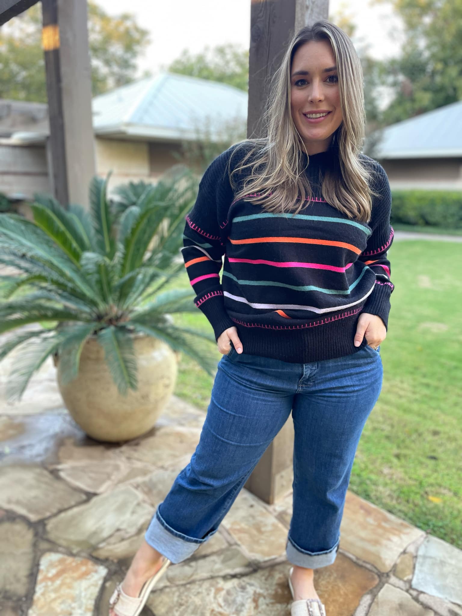 PREORDER: Striped Sweater for Women - Soft & Cozy Pullover in 2 Colors (Happy & Navy) - Perfect for Casual Outfits, Fall Layering & Holiday Gatherings