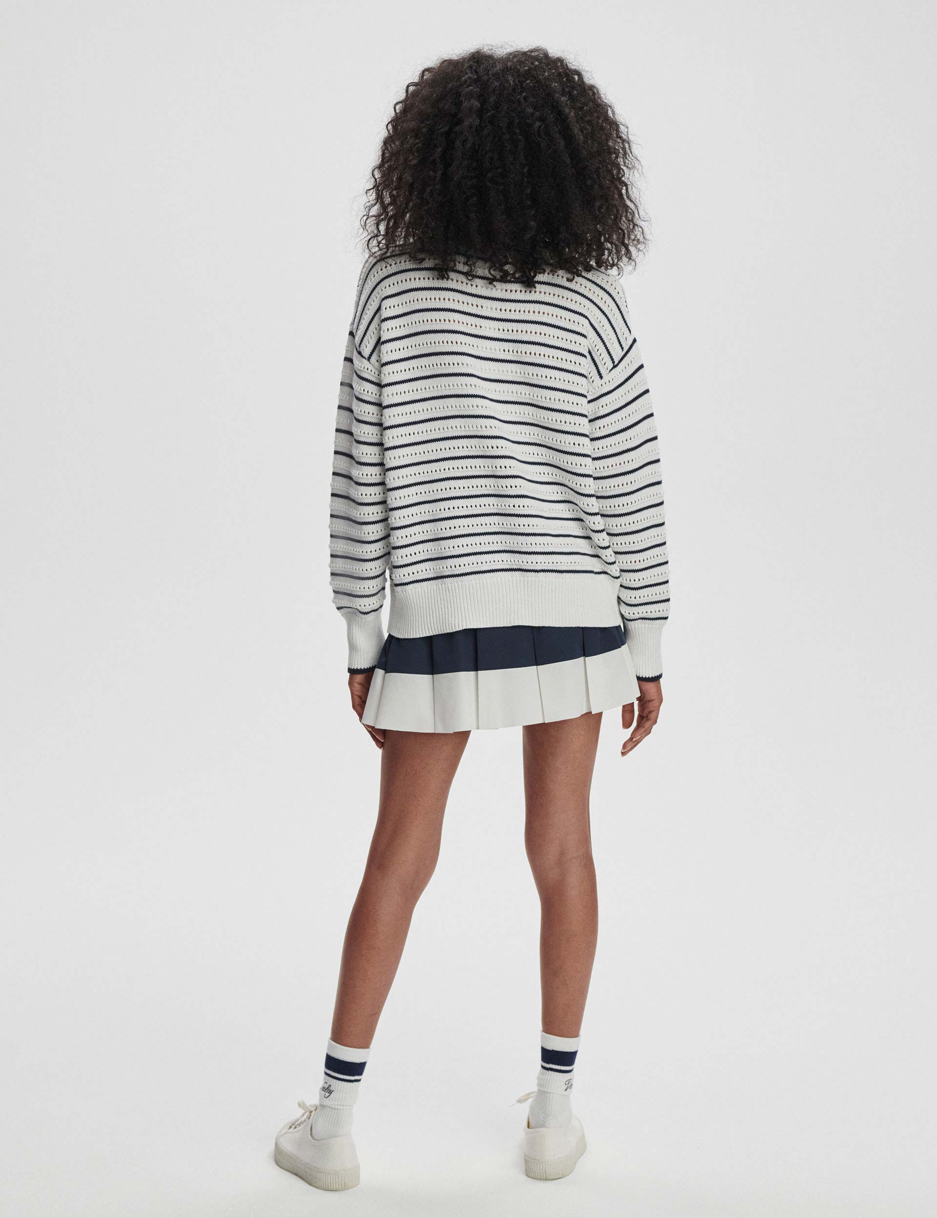 Antonia Relaxed Cardigan for Women - Soft Knit Open Front Sweater in White & Blue Nights - Perfect for Casual Wear, Office & Cozy Evenings