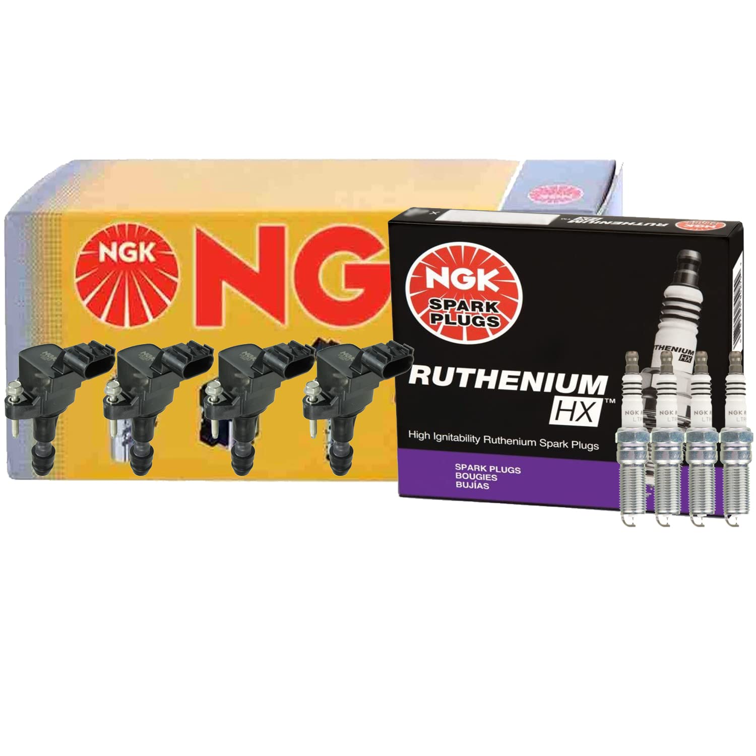 NGK 4 COP Ignition Coils & 4 Ruthenium HX Spark Plugs Kit - Compatible with Buick Chevy Saturn - Improve Engine Performance & Fuel Efficiency - Perfect for DIY Auto Repair & Maintenance